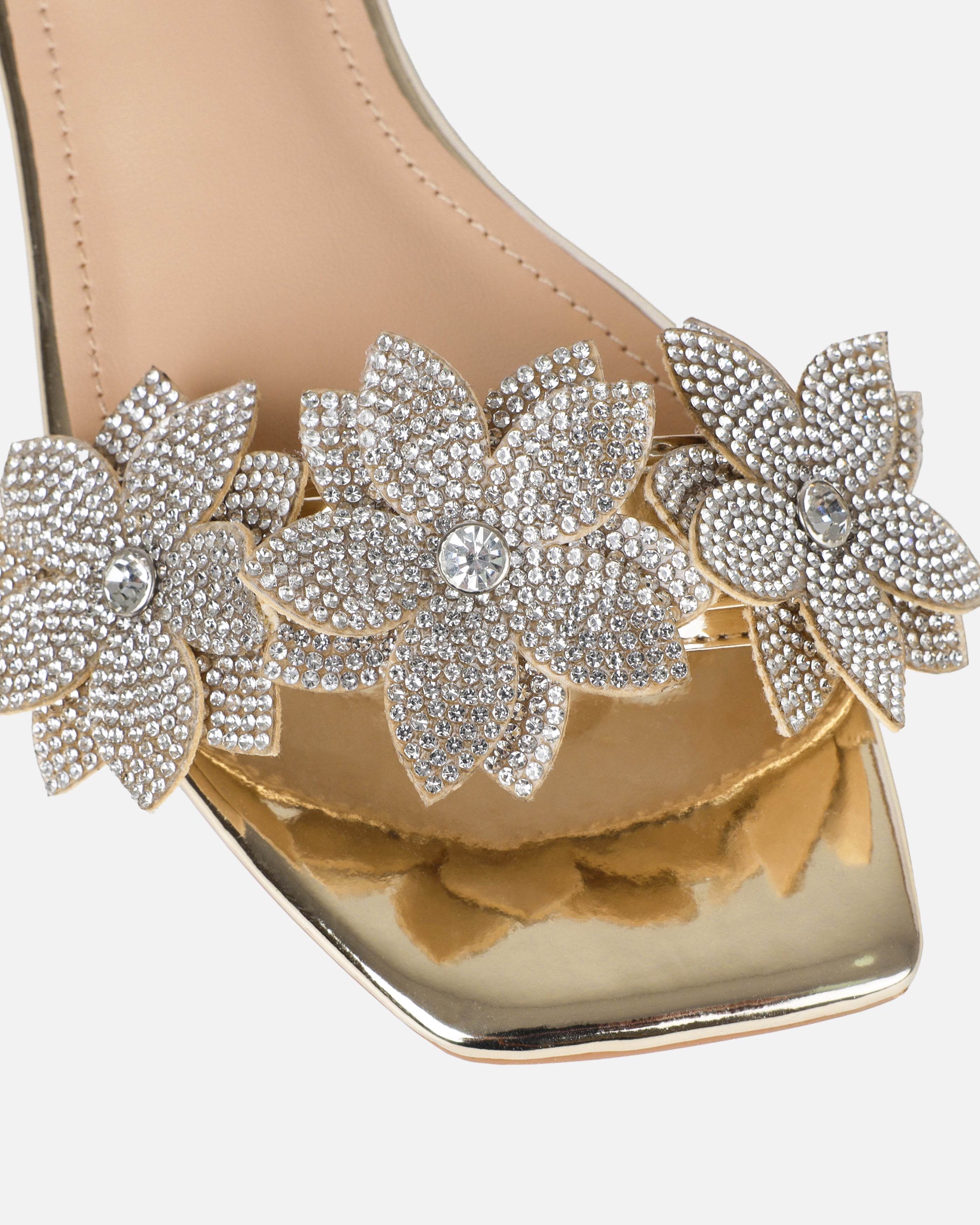 Abbie Gold Mirror Flower Diamante Flat Sandals | SIMMI London