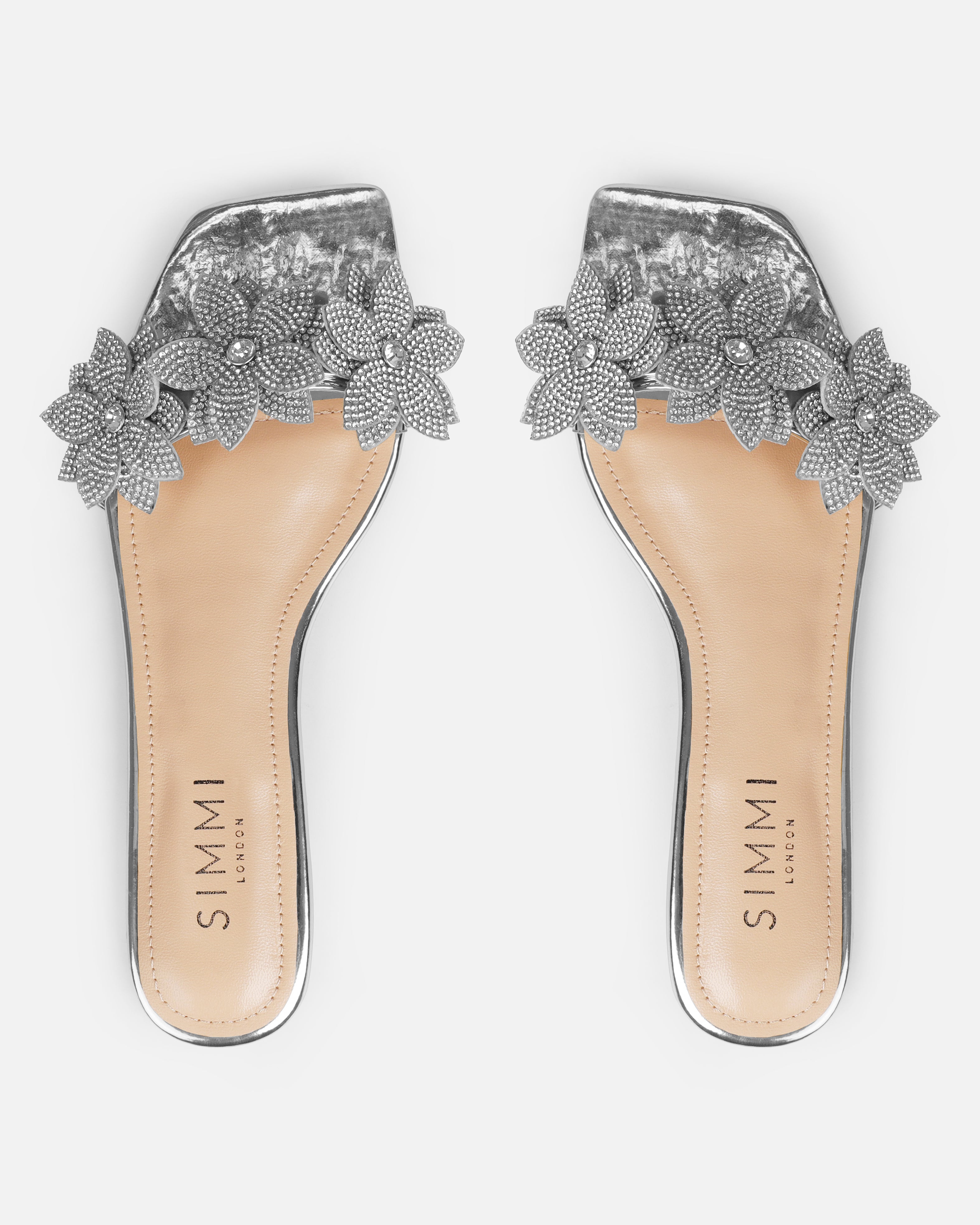 Abbie Silver Mirror Flower Diamante Flat Sandals | SIMMI London