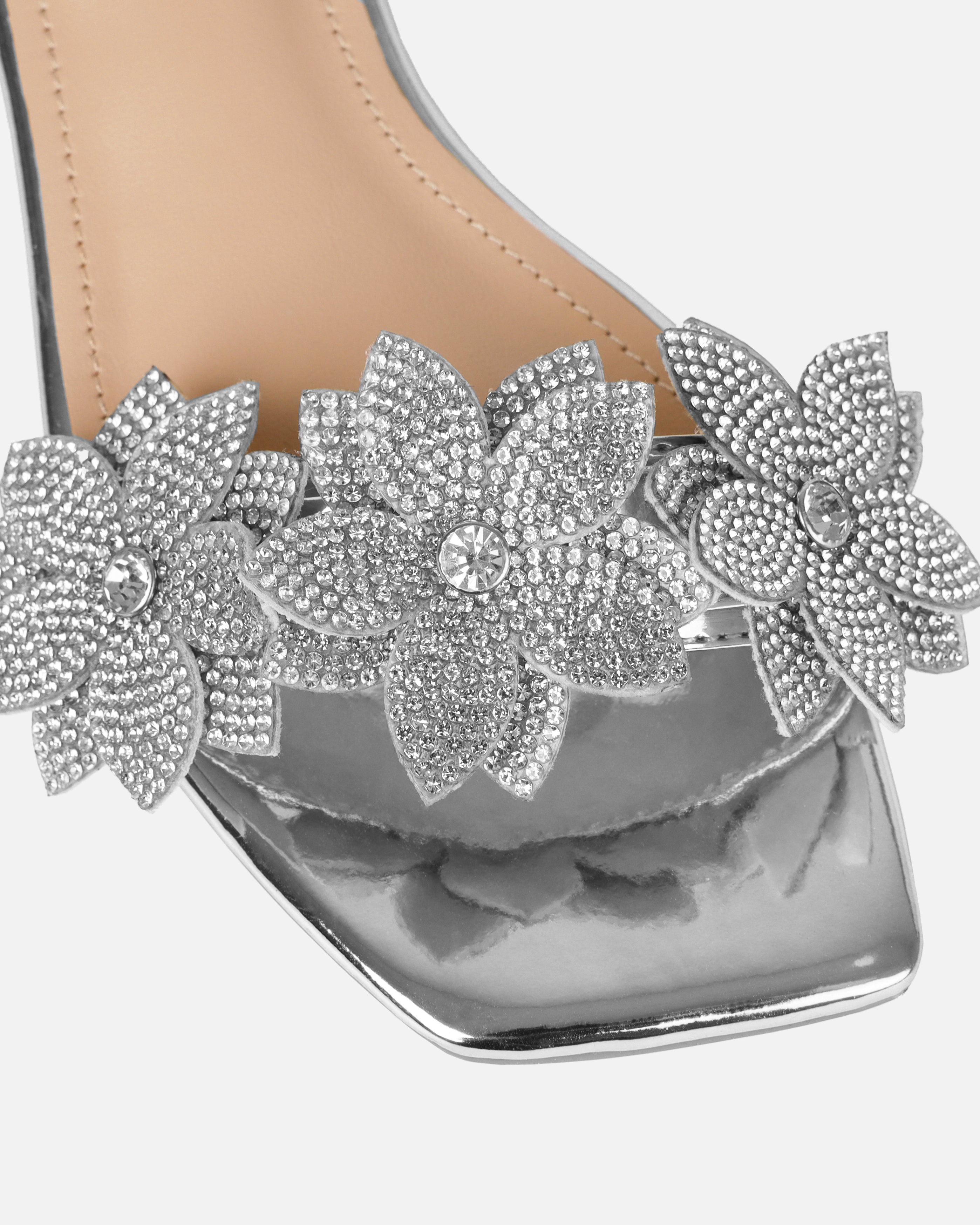 Abbie Silver Mirror Flower Diamante Flat Sandals | SIMMI London