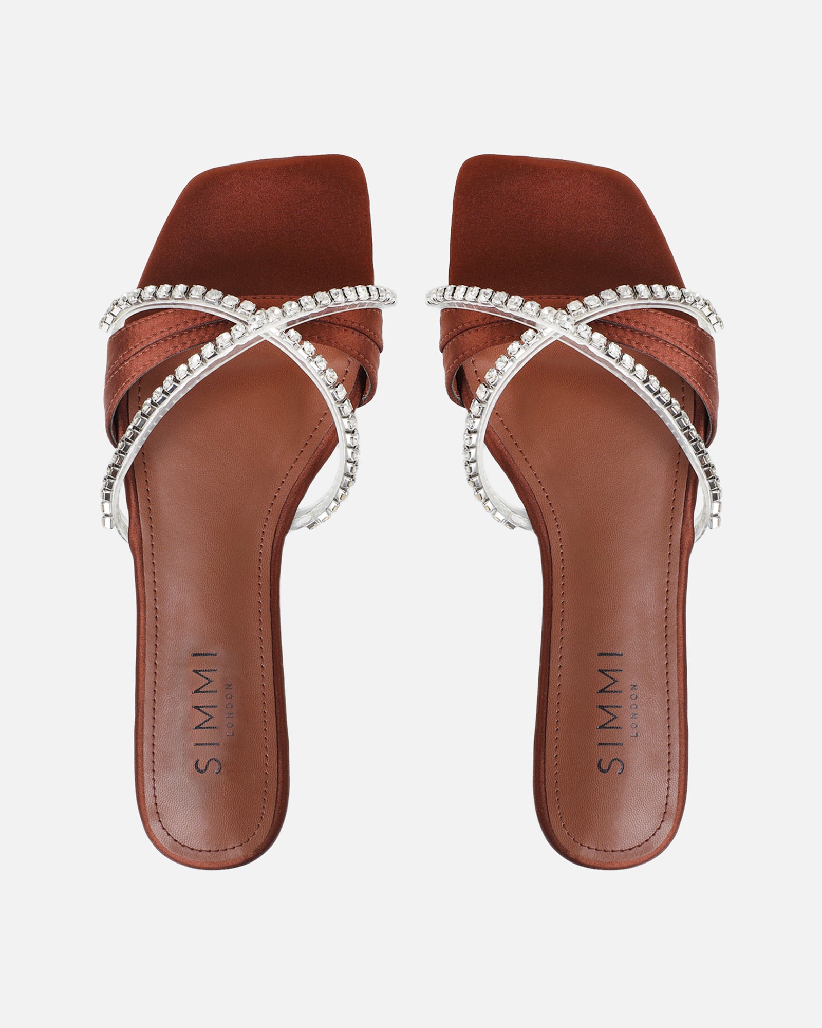 Astana Chocolate Satin Diamante Flat Sandals | SIMMI London