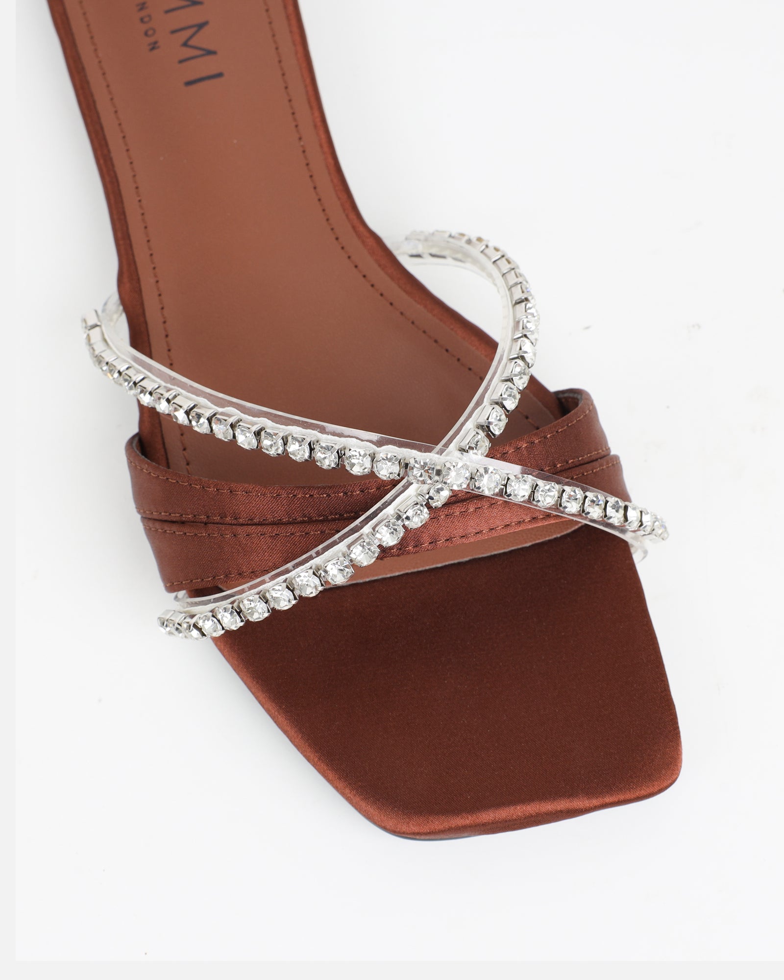 Astana Chocolate Satin Diamante Flat Sandals | SIMMI London