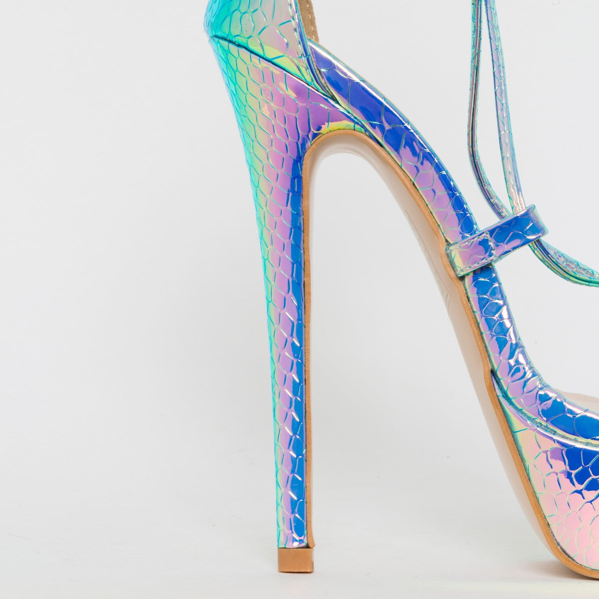 Lace Up Iridescent Blue Heels Bethany Silver Iridescent Snake