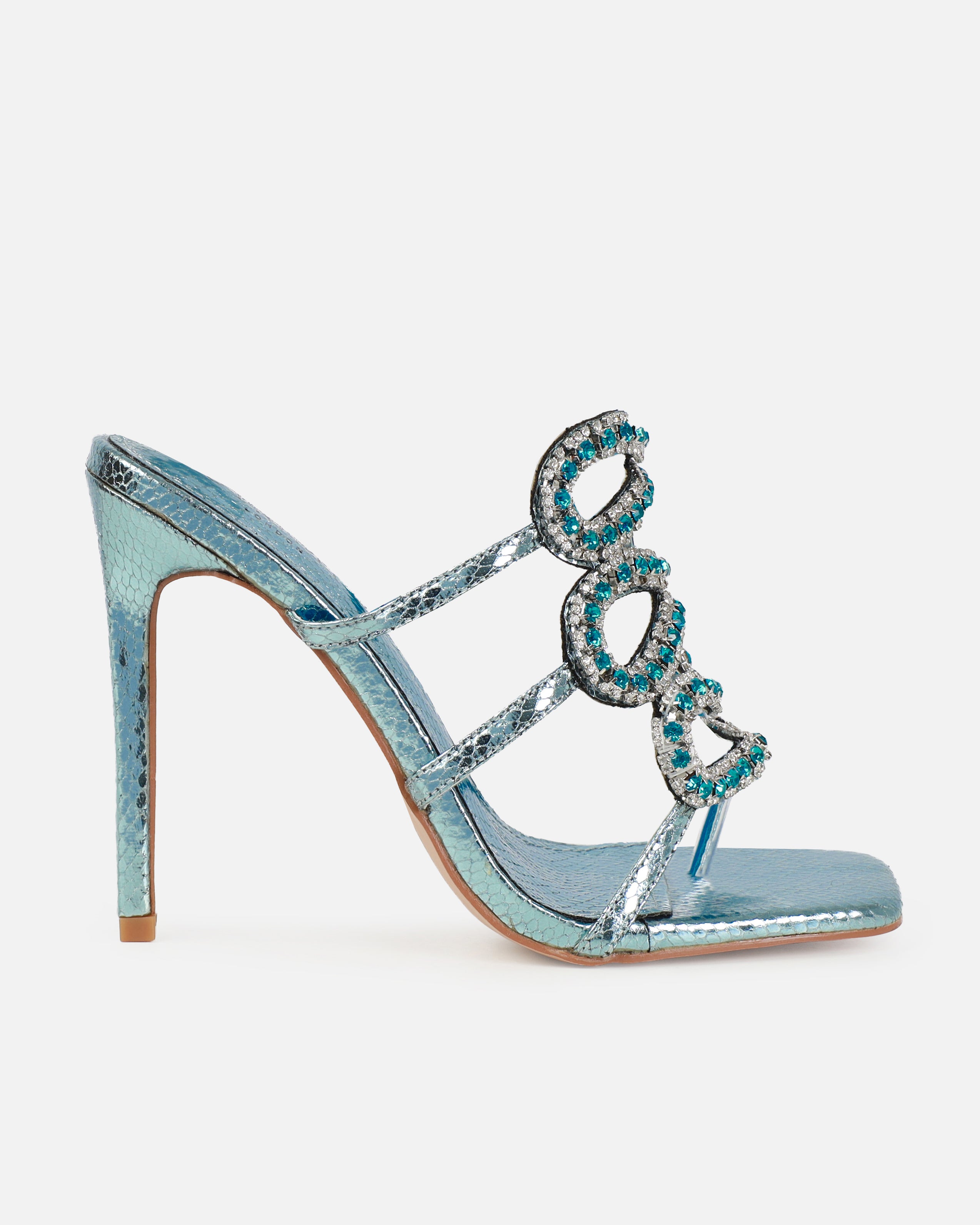 Scorpius Blue Metallic diamante snake stiletto heeled sandals | SIMMI London