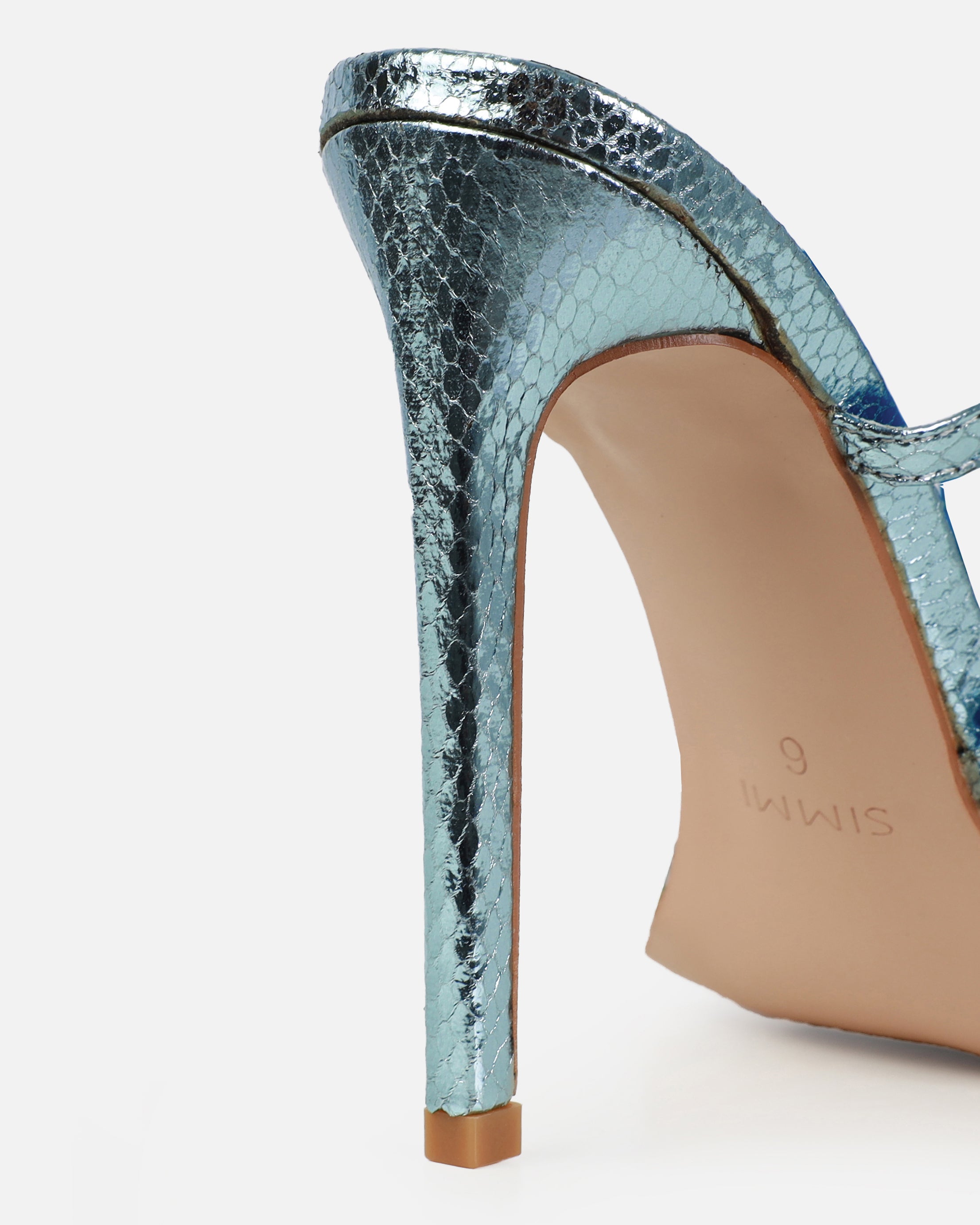 Scorpius Blue Metallic diamante snake stiletto heeled sandals | SIMMI London