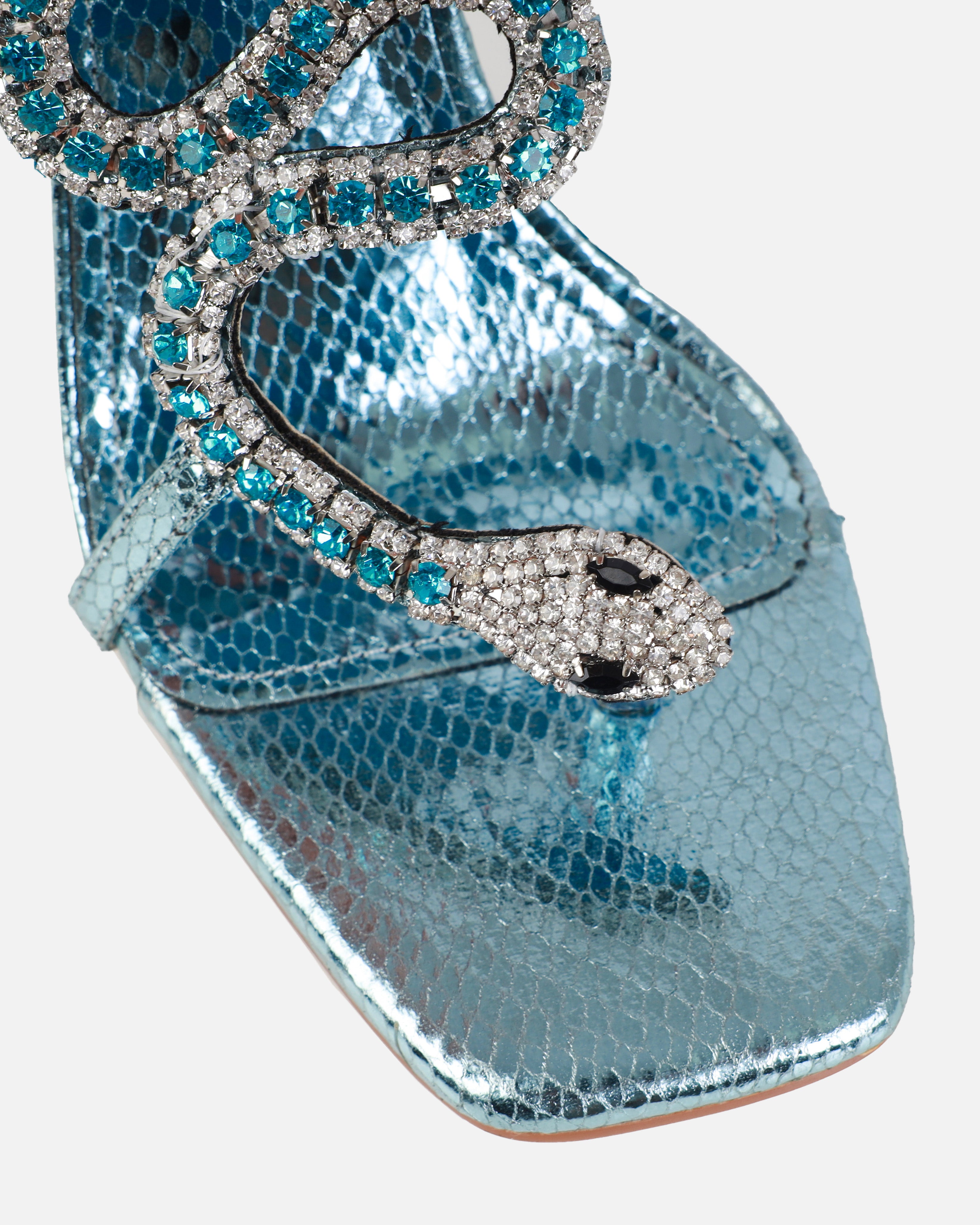 Scorpius Blue Metallic diamante snake stiletto heeled sandals | SIMMI London