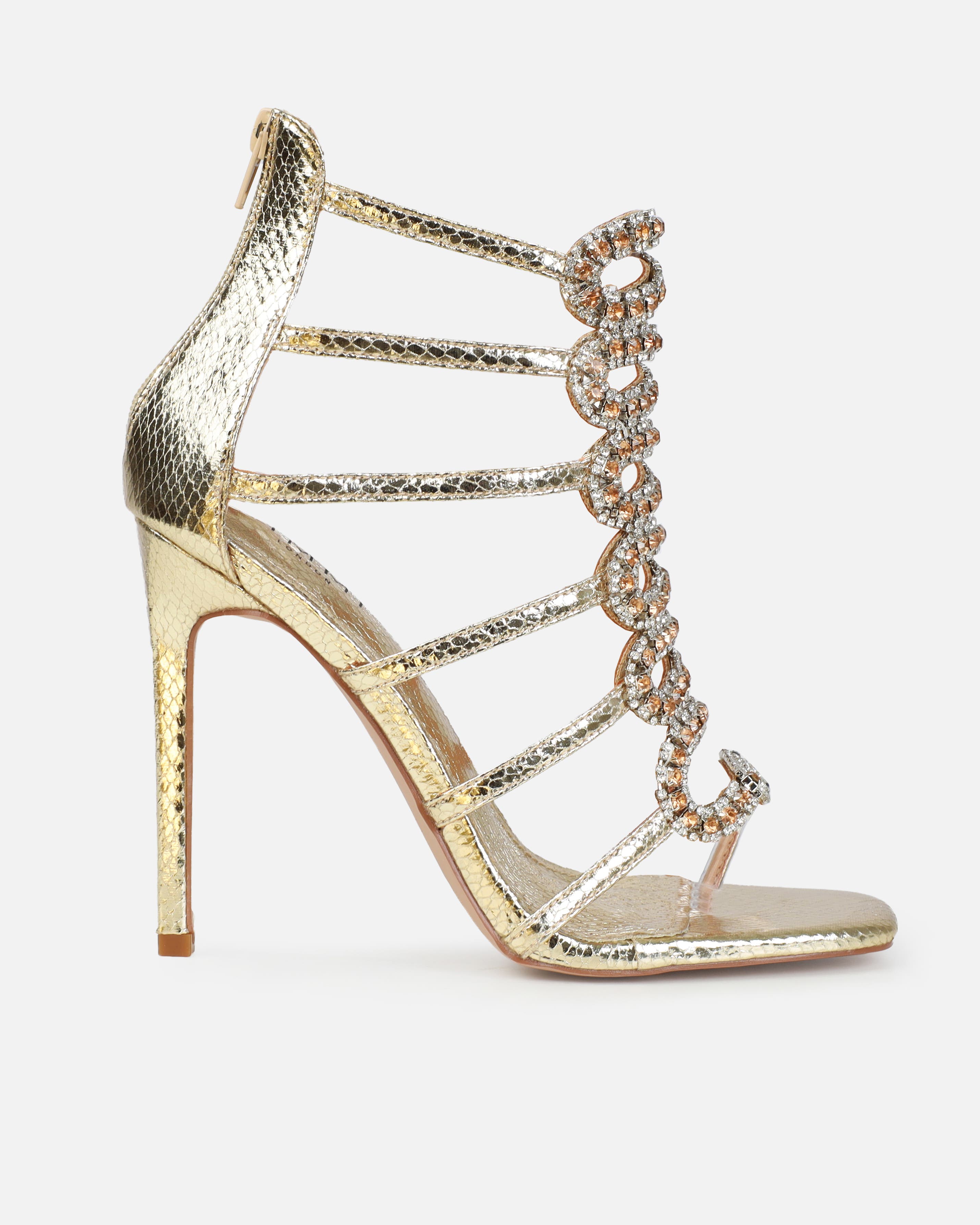 Viper Gold Faux Snake Print Diamante Stiletto Heels SIMMI London