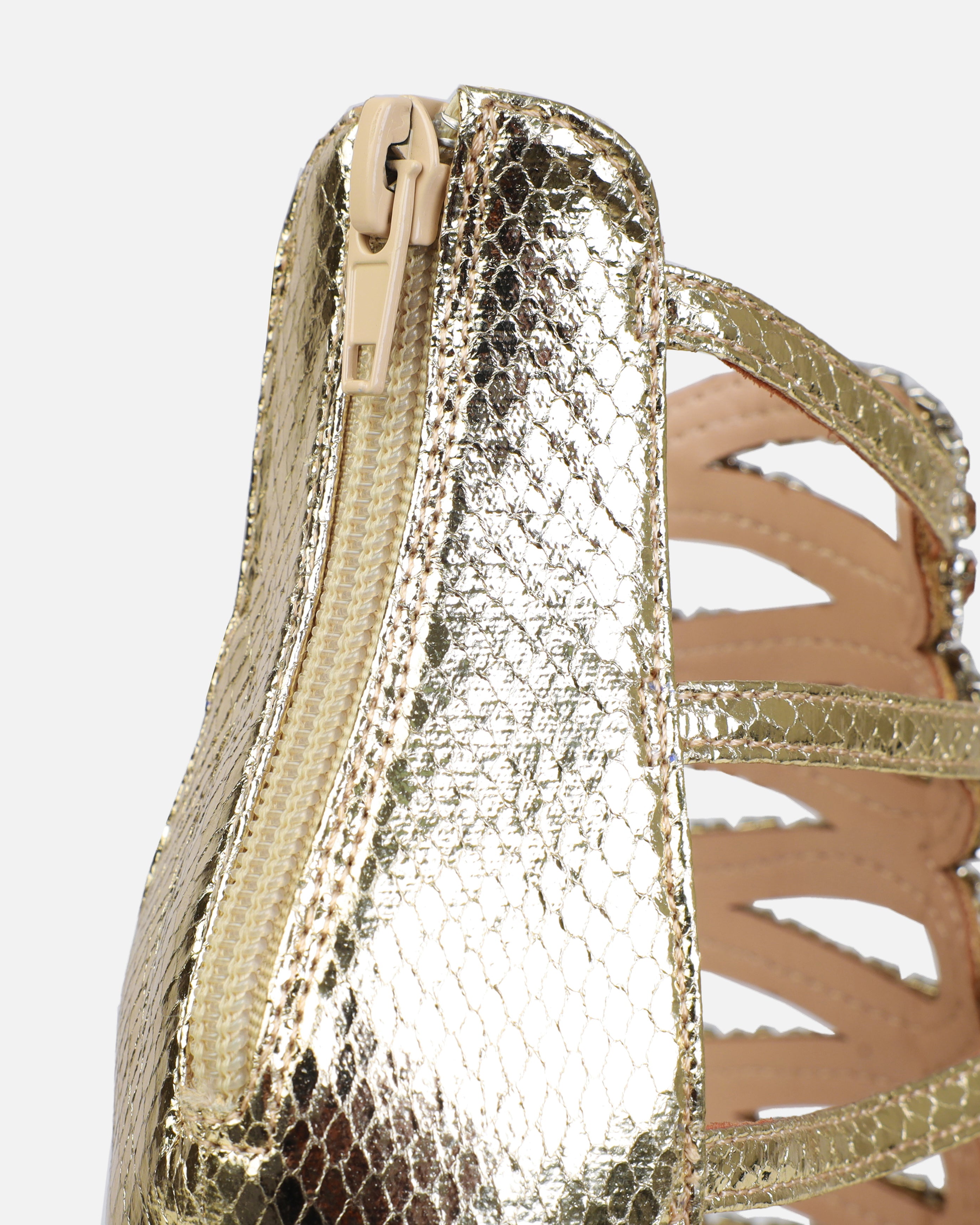 Viper Gold Faux Snake Print Diamante Stiletto Heels | SIMMI London