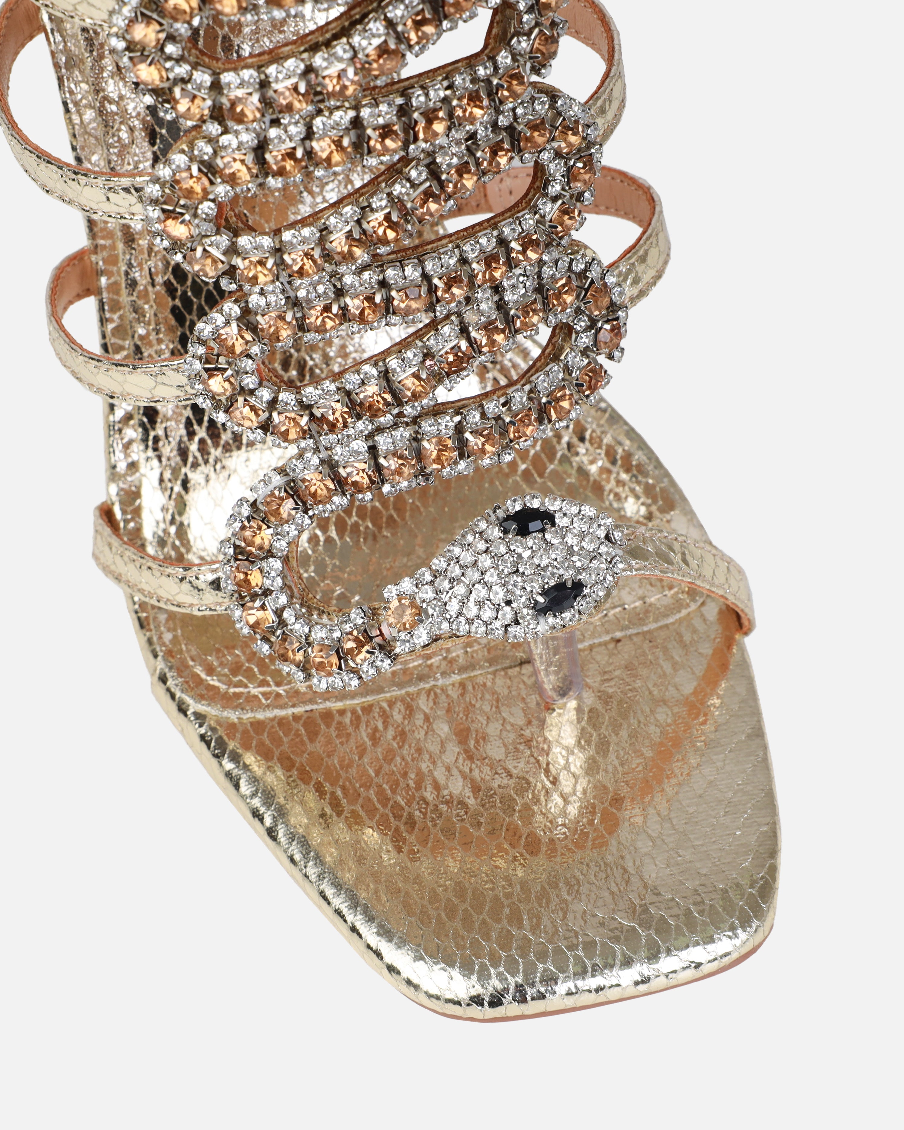 Viper Gold Faux Snake Print Diamante Stiletto Heels | SIMMI London
