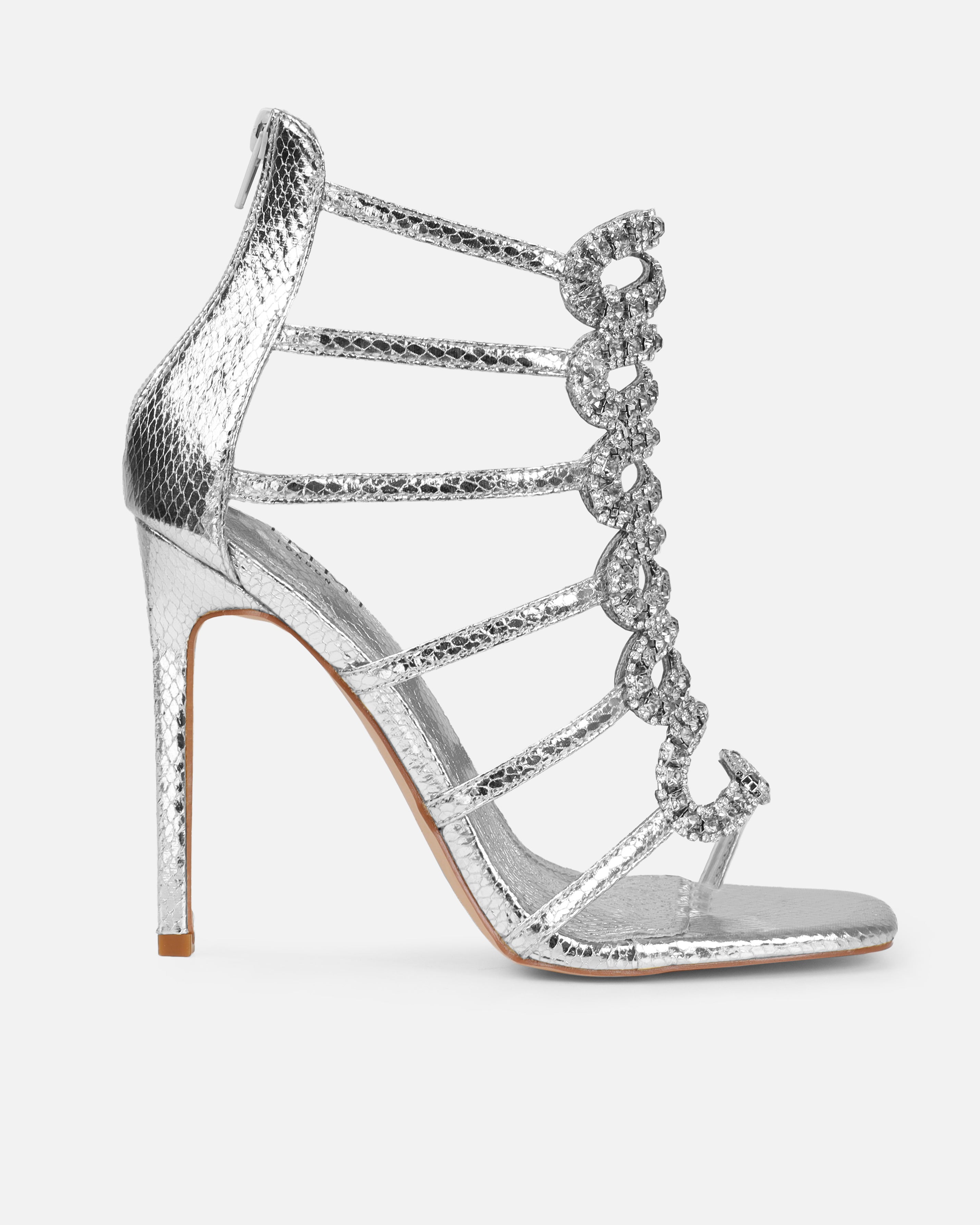 Viper Silver Faux Snake Print Diamante Stiletto Heels | SIMMI London