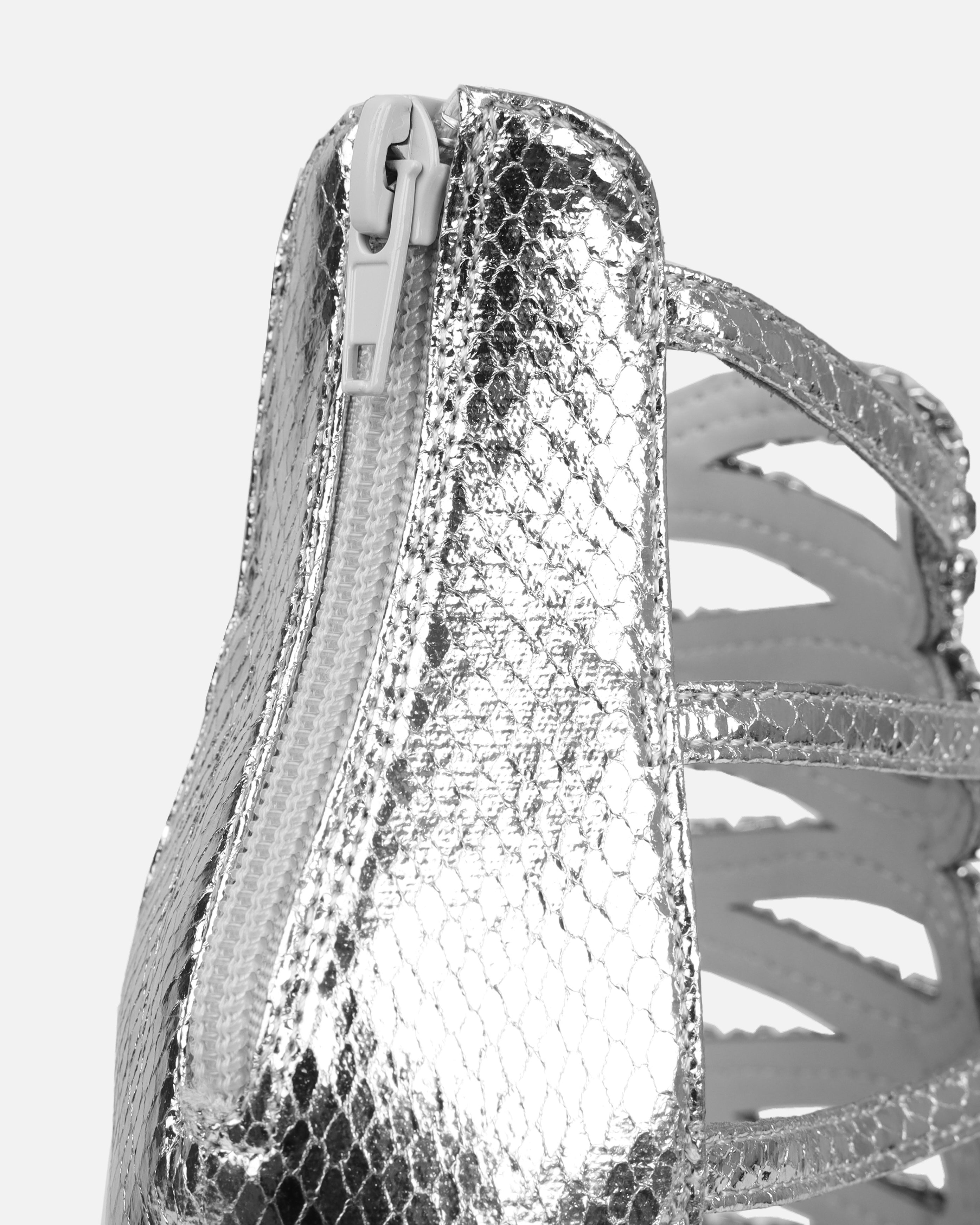 Viper Silver Faux Snake Print Diamante Stiletto Heels | SIMMI London