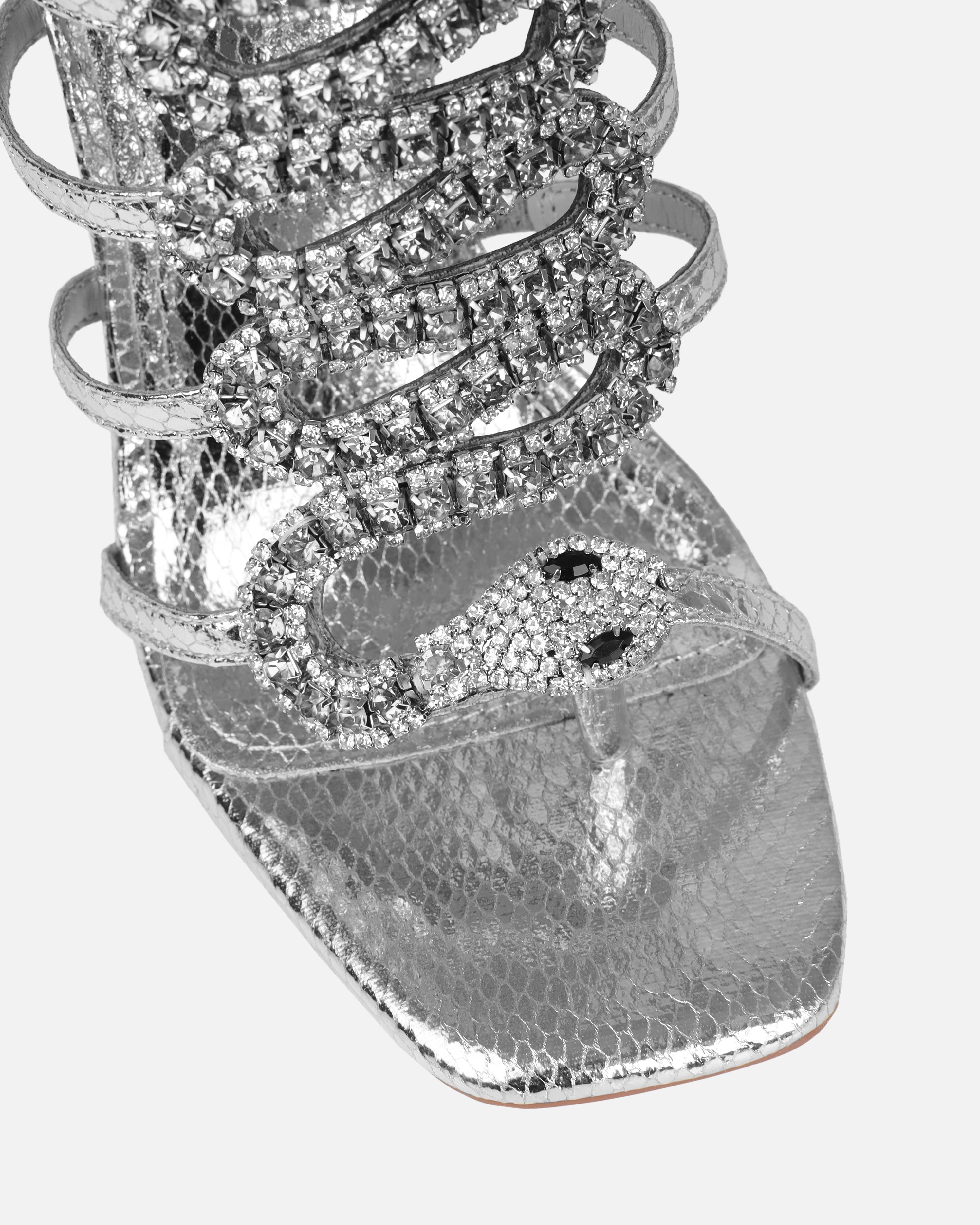 Viper Silver Faux Snake Print Diamante Stiletto Heels | SIMMI London