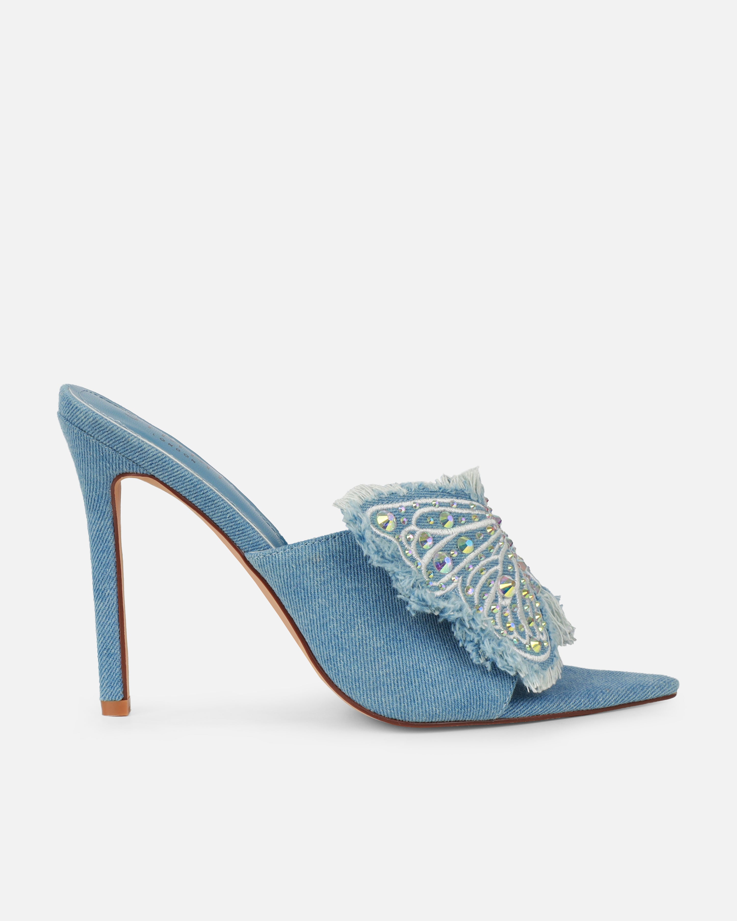 Seema Denim Blue Butterfly Detail Heeled Mules | SIMMI London
