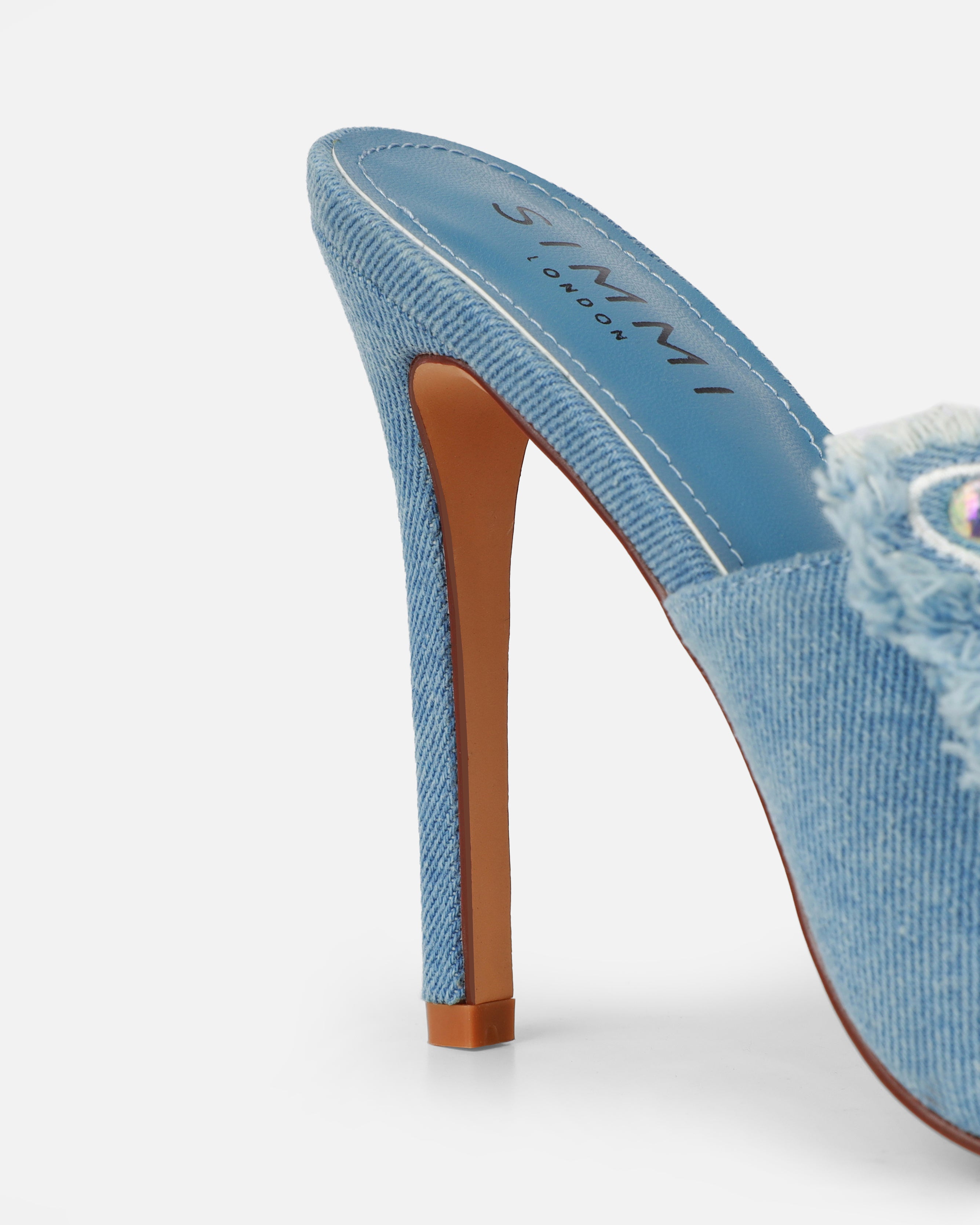 Seema Denim Blue Butterfly Detail Heeled Mules | SIMMI London