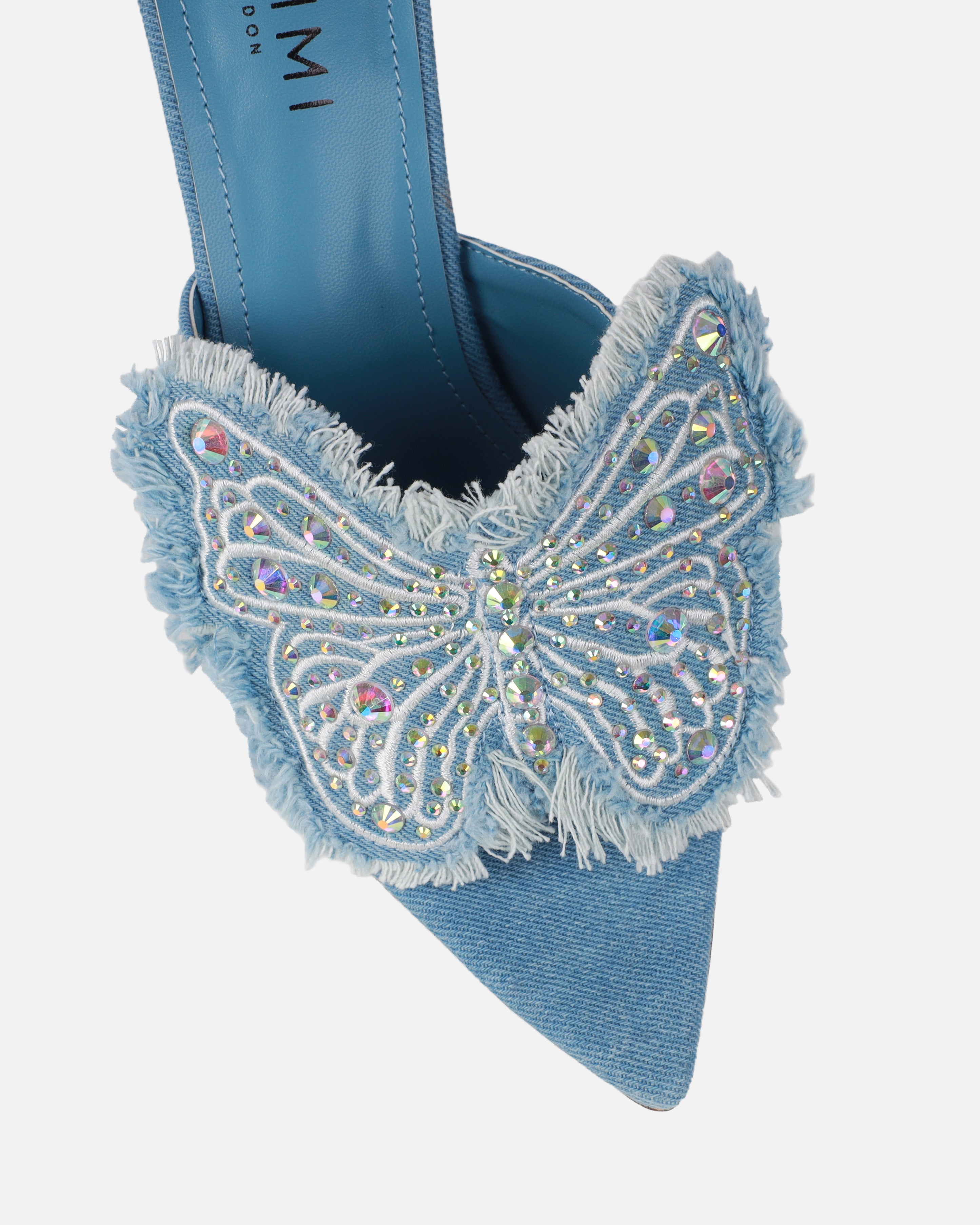 Seema Denim Blue Butterfly Detail Heeled Mules | SIMMI London