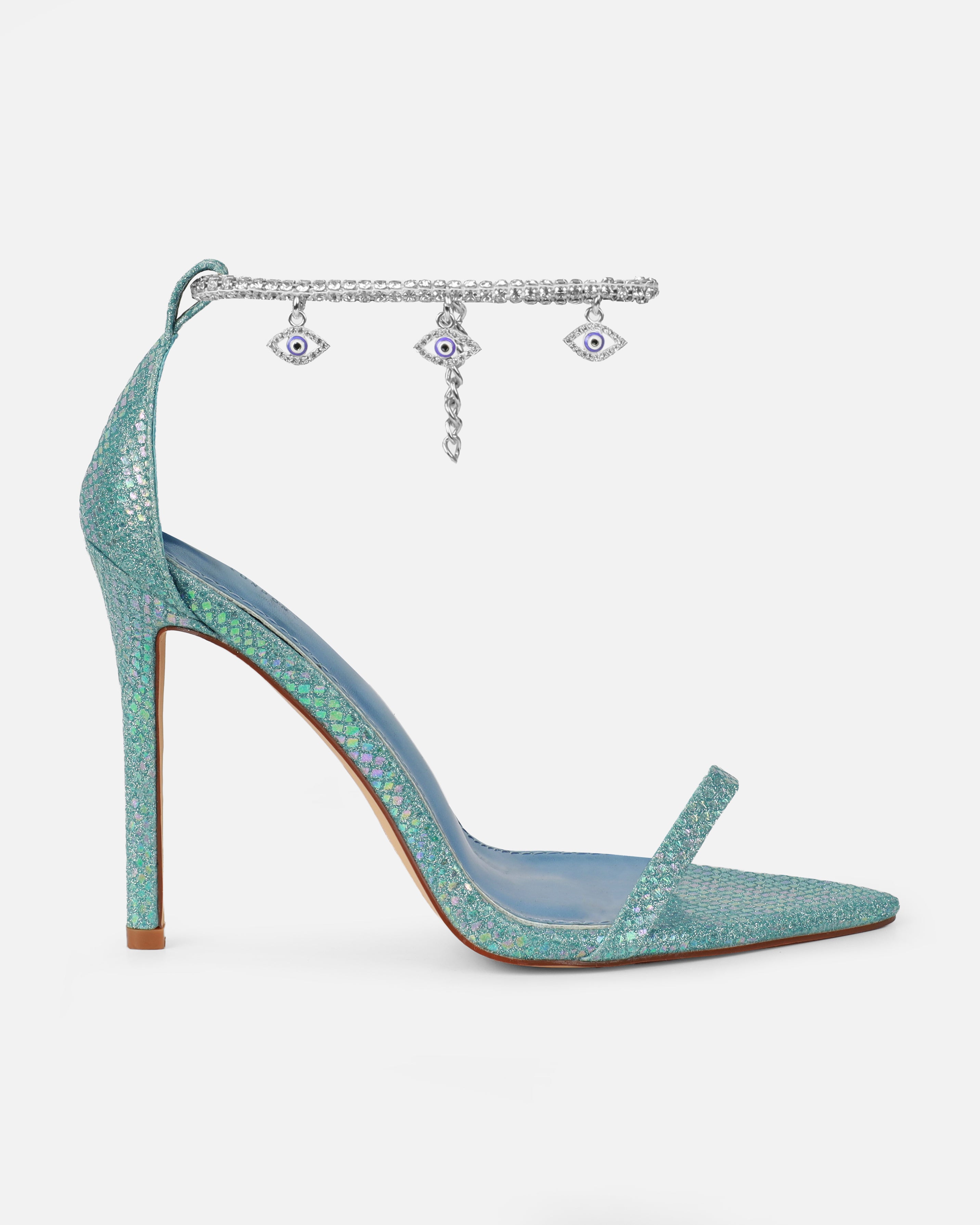 Spirit Blue Glitter Evil Eye Anklet Heeled Sandals | SIMMI London