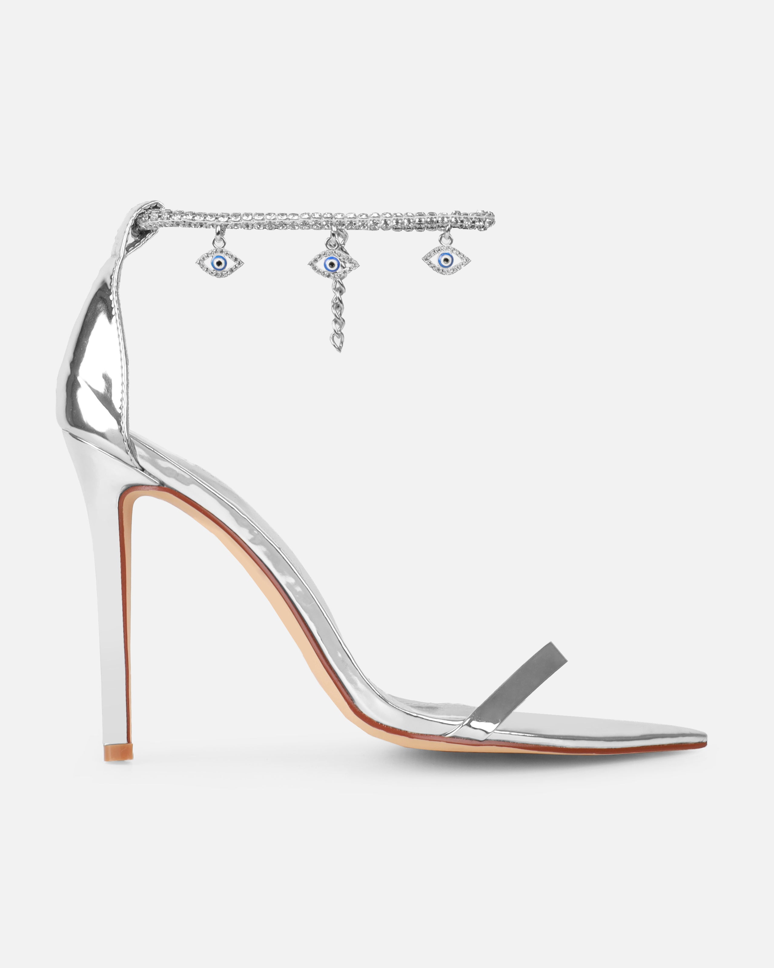 Spirit Silver Metallic Evil Eye Anklet Stiletto Heels | SIMMI London