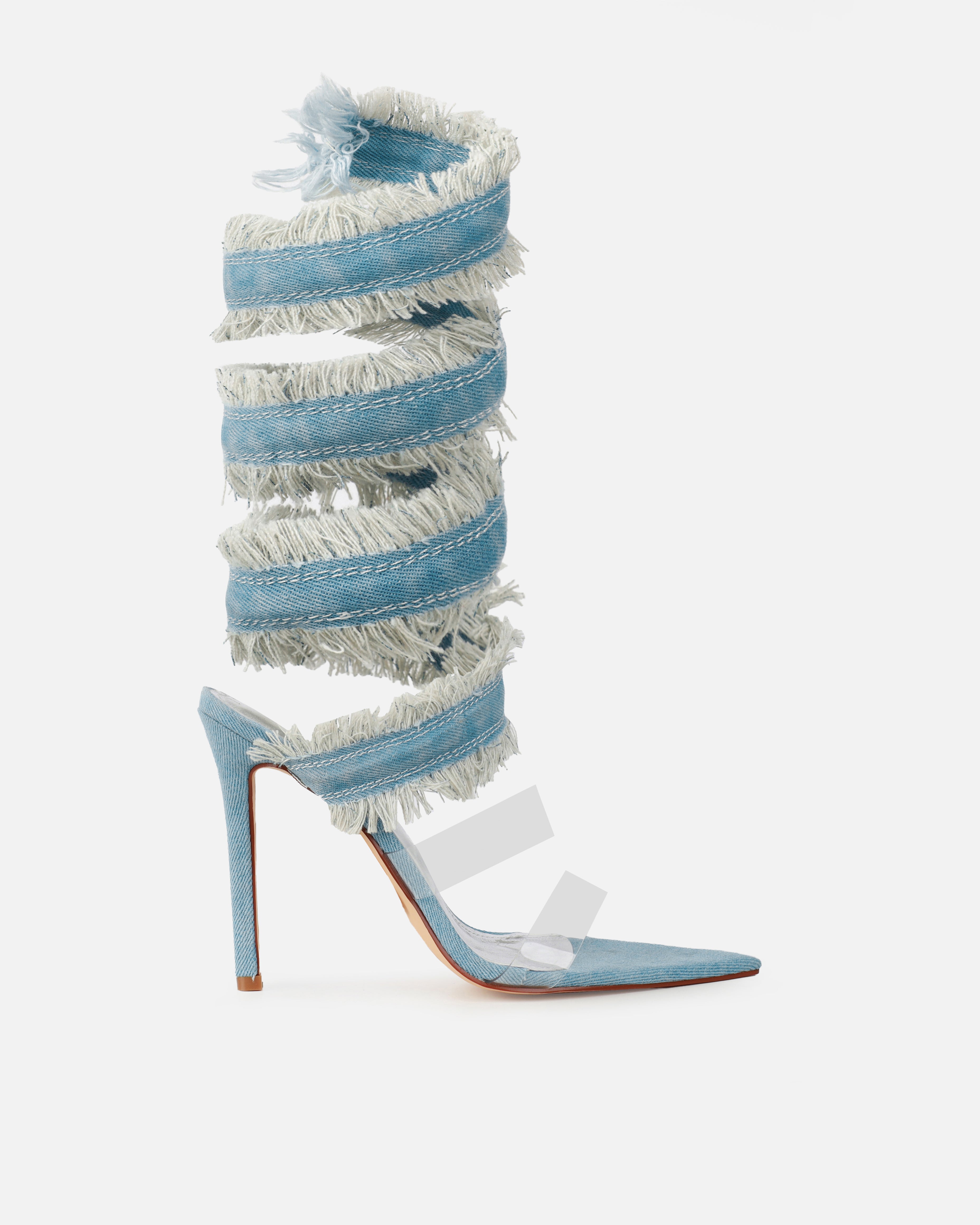 Sonya Blue Denim Frayed Spiral Heeled Sandals | SIMMI London