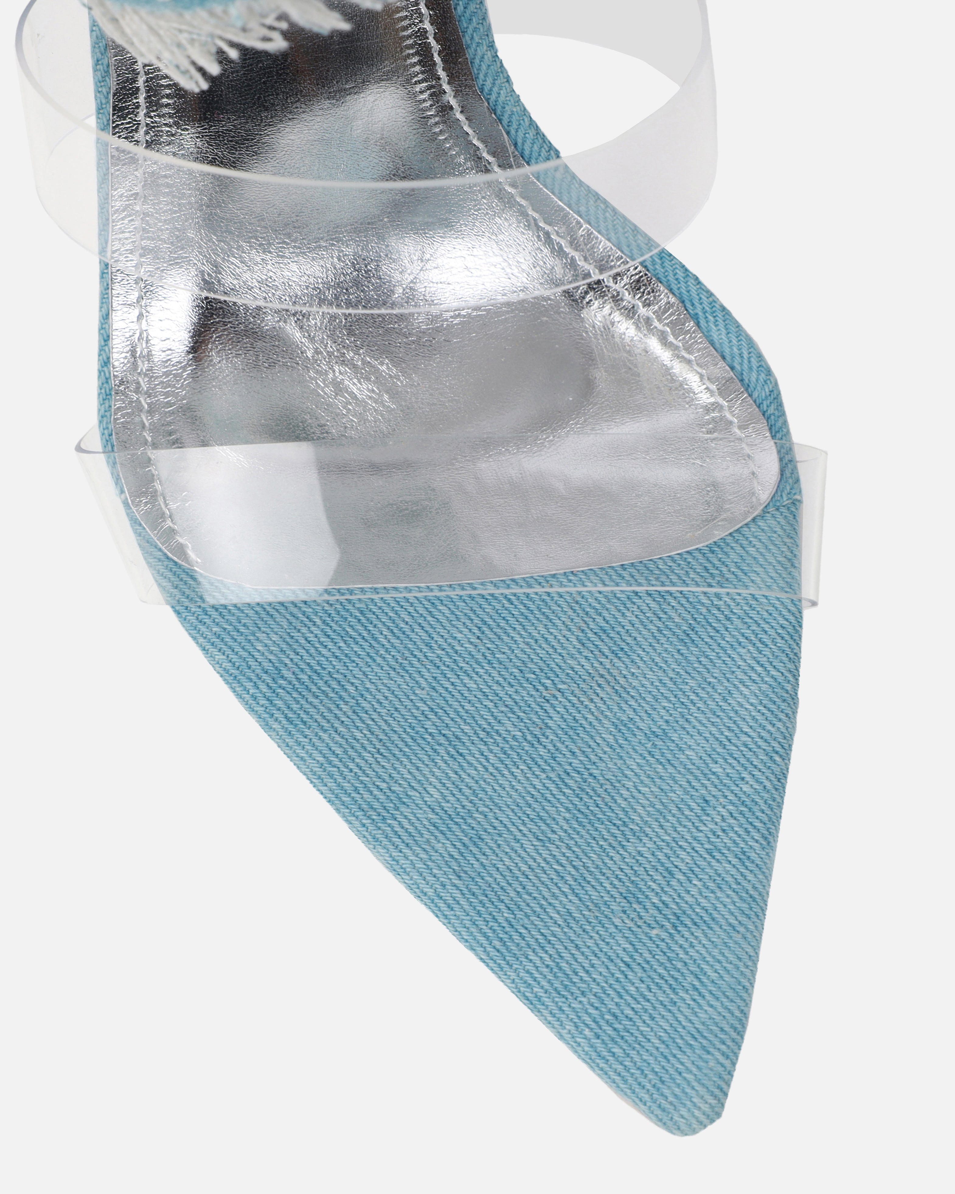 Sonya Blue Denim Frayed Spiral Heeled Sandals | SIMMI London