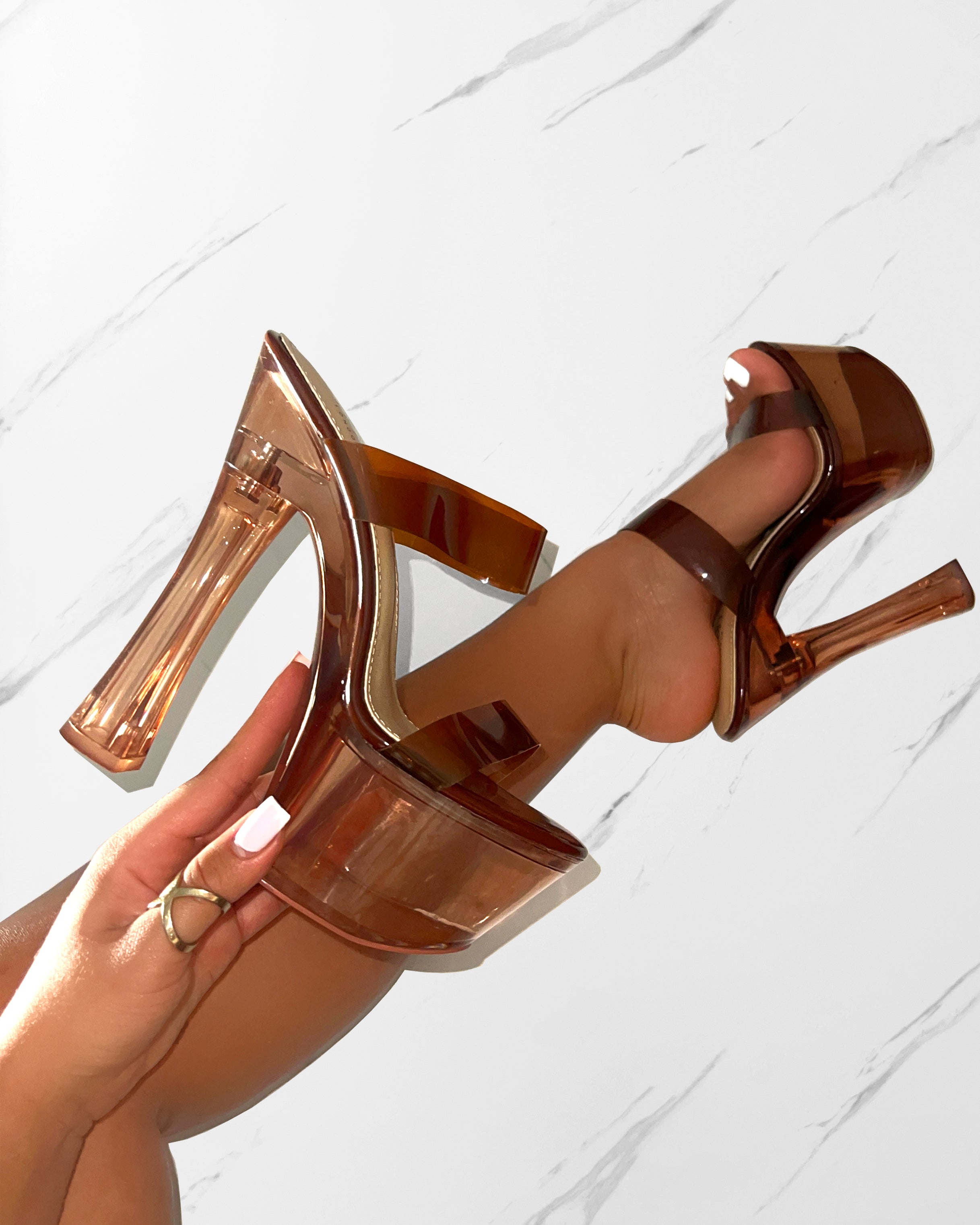 Shelly Chocolate Brown Clear Platform Mules | SIMMI London