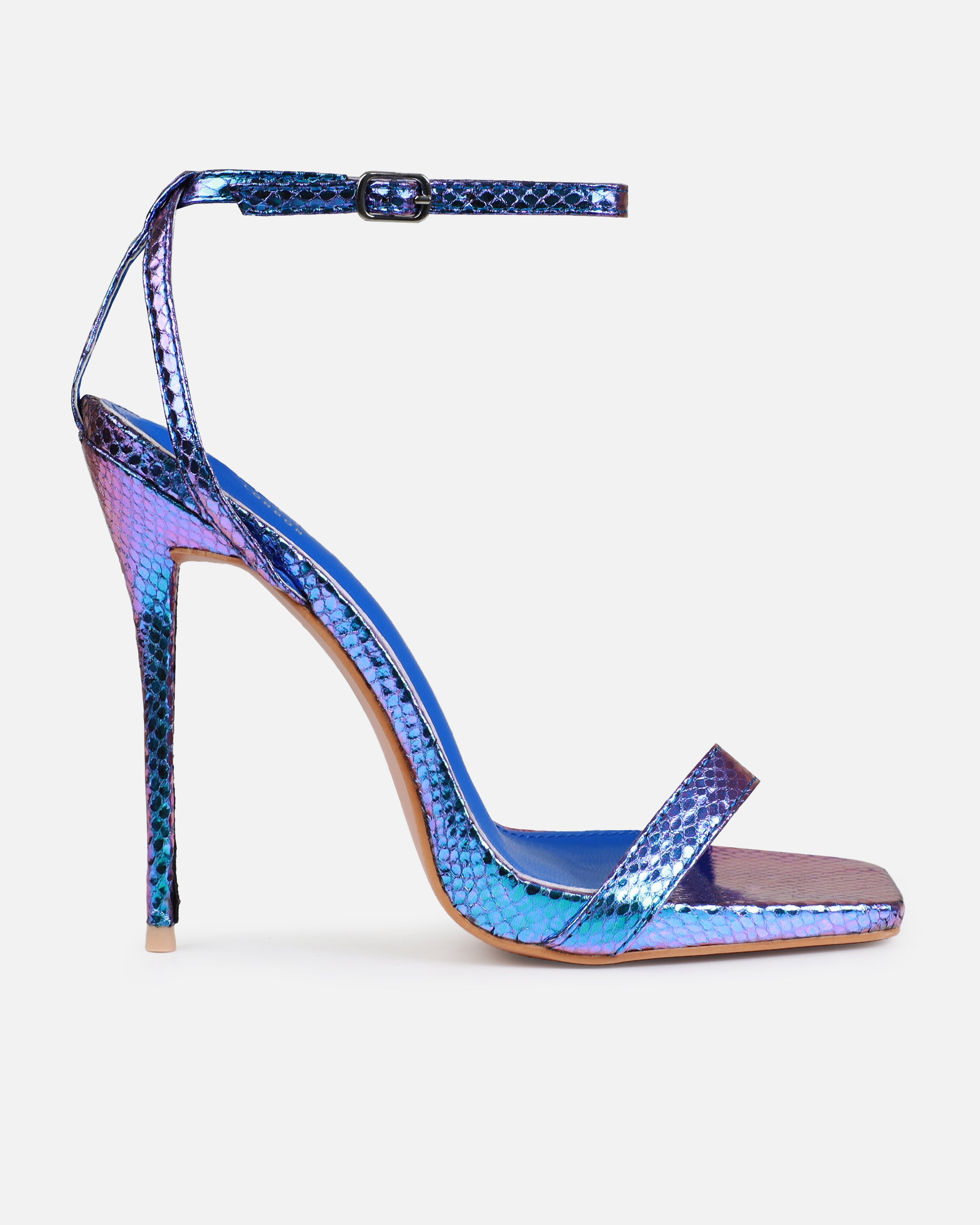 Pipera Blue Iridescent Faux Snake Print Strappy Stiletto Heels | SIMMI London