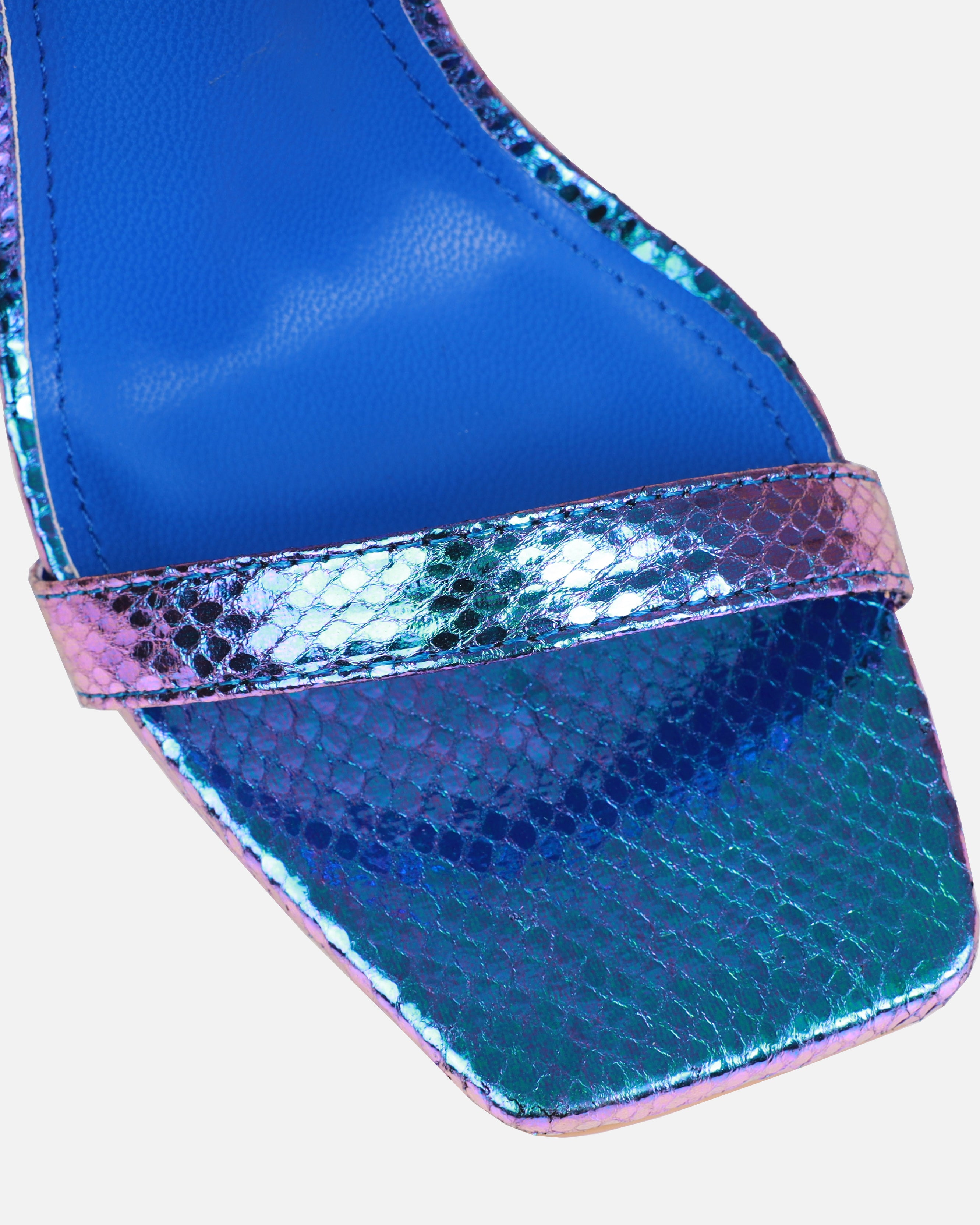 Pipera Blue Iridescent Faux Snake Print Strappy Stiletto Heels | SIMMI London