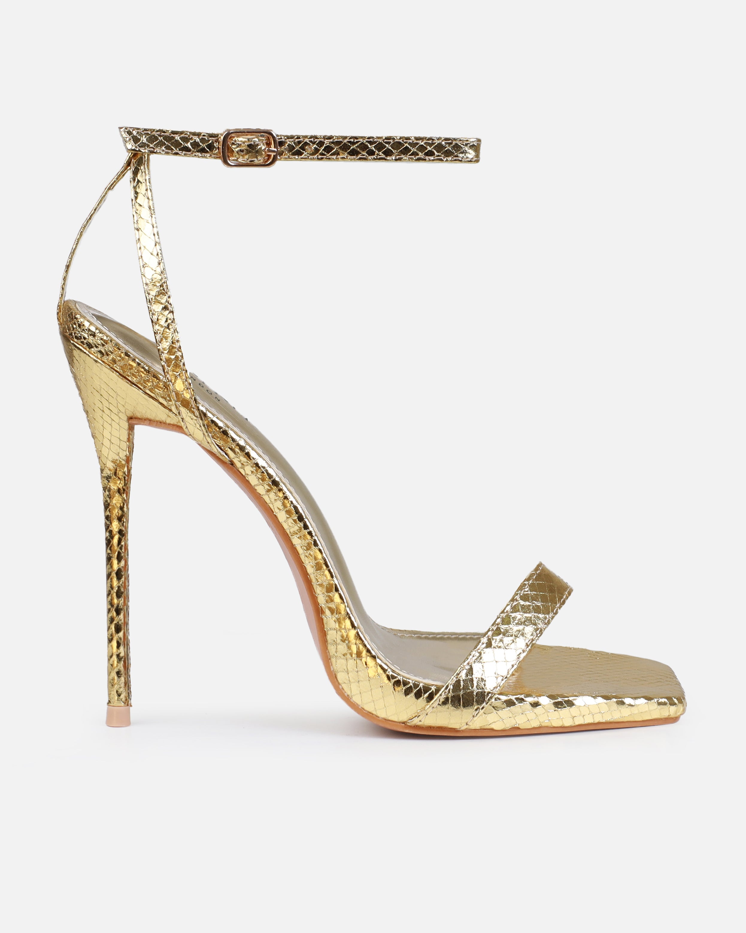 Pipera Gold Faux Snake Print Strappy Stiletto Heels | SIMMI London