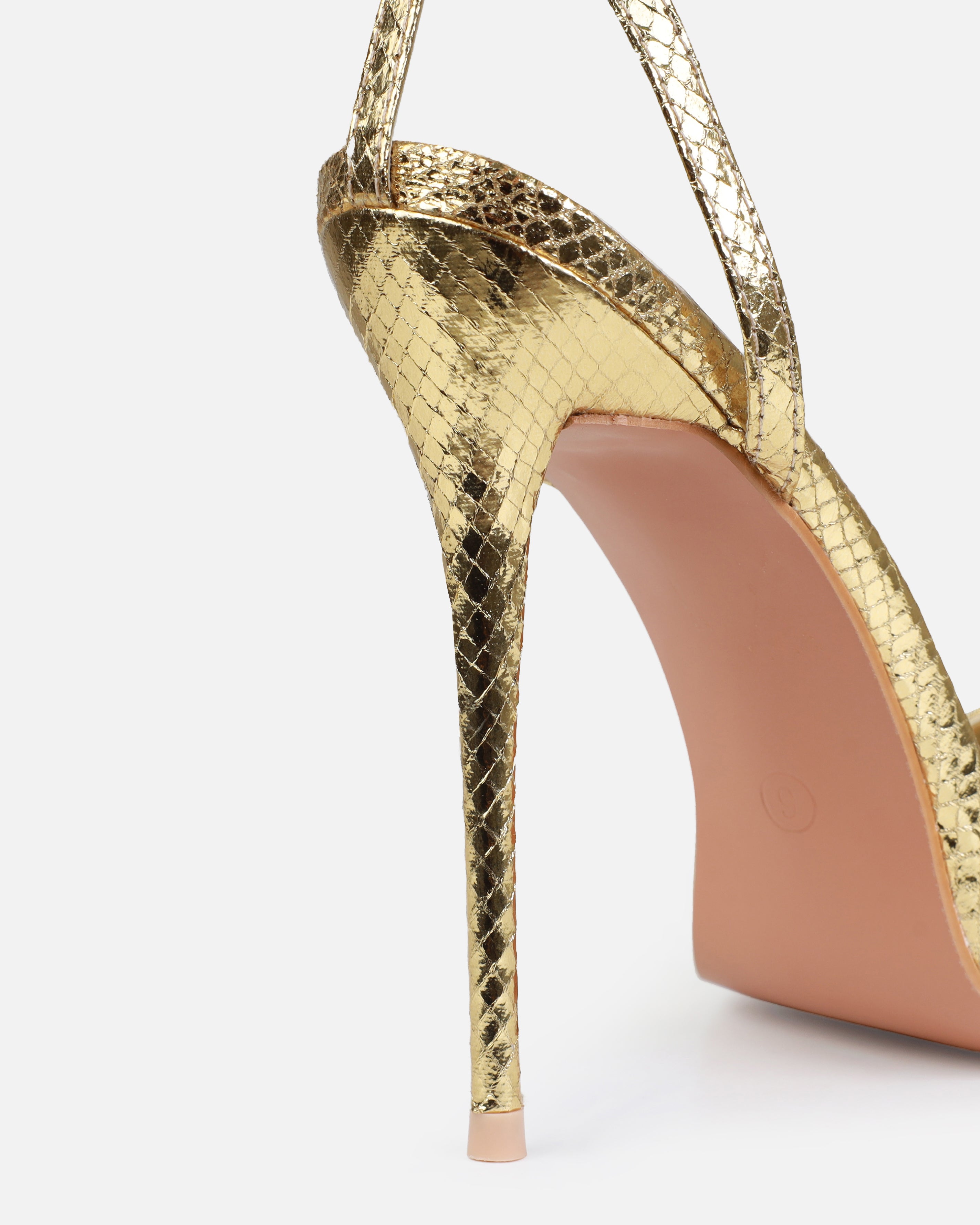 Pipera Gold Faux Snake Print Strappy Stiletto Heels | SIMMI London