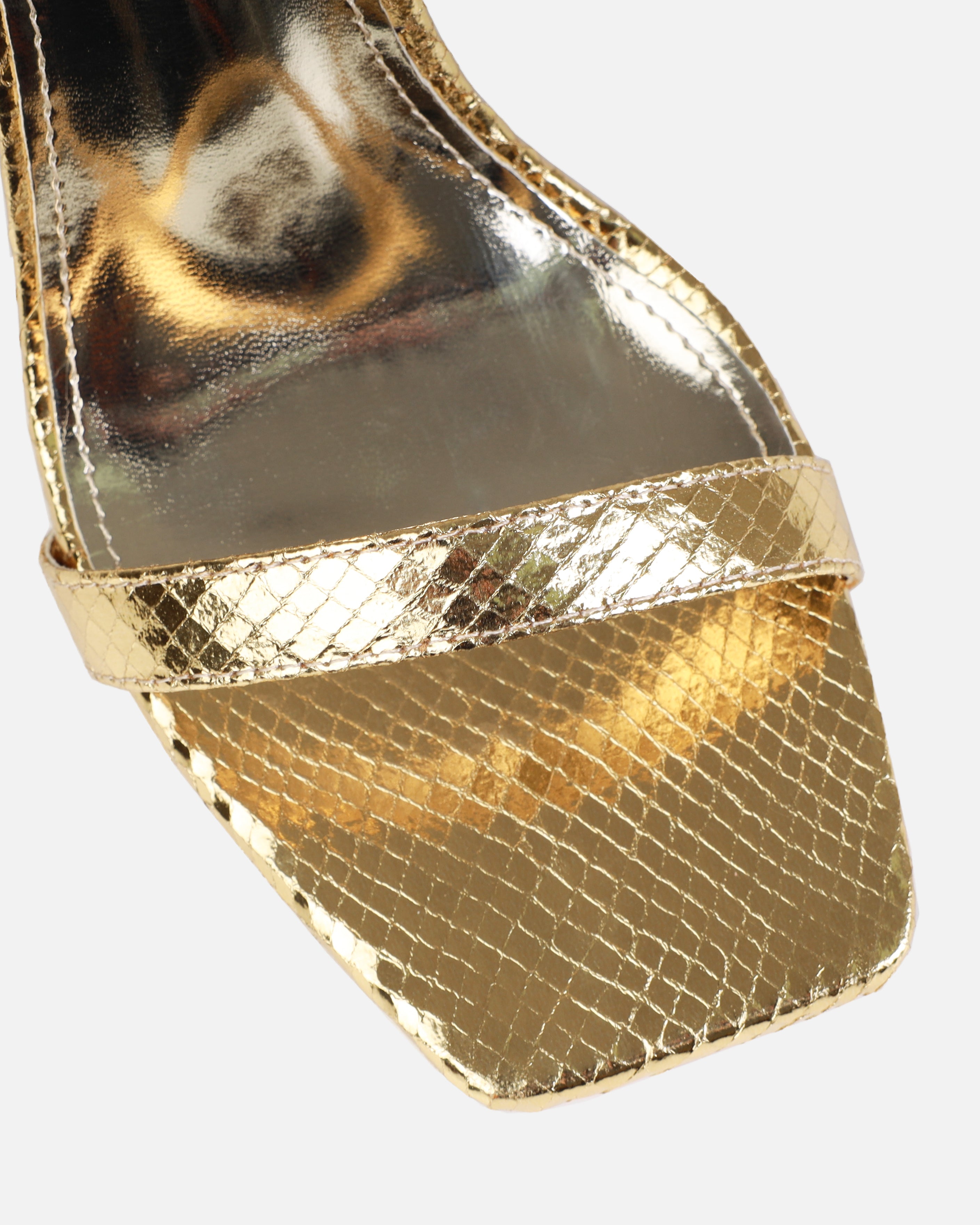 Pipera Gold Faux Snake Print Strappy Stiletto Heels | SIMMI London