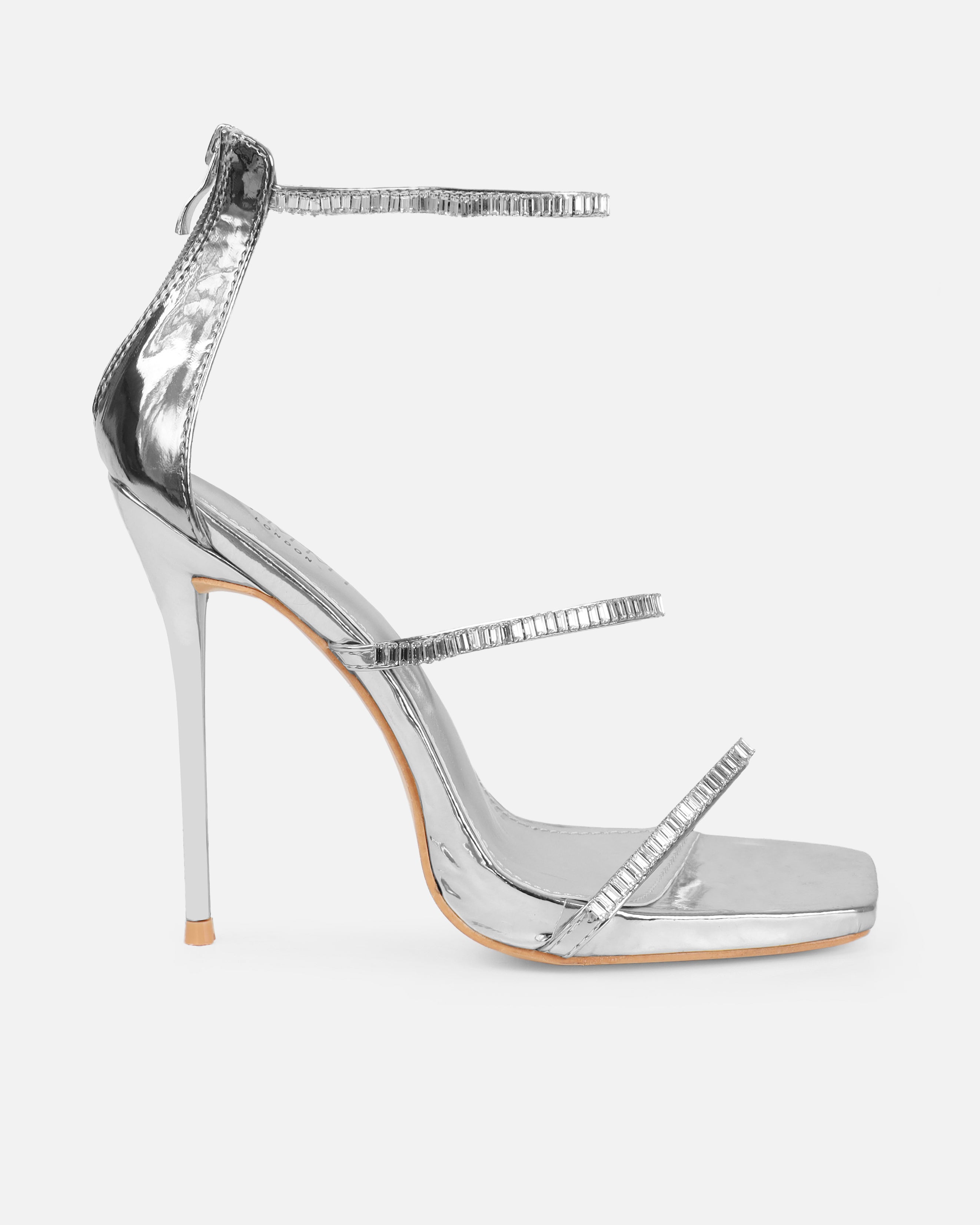 Soleil Silver Mirror Diamante Stiletto Heels | SIMMI London