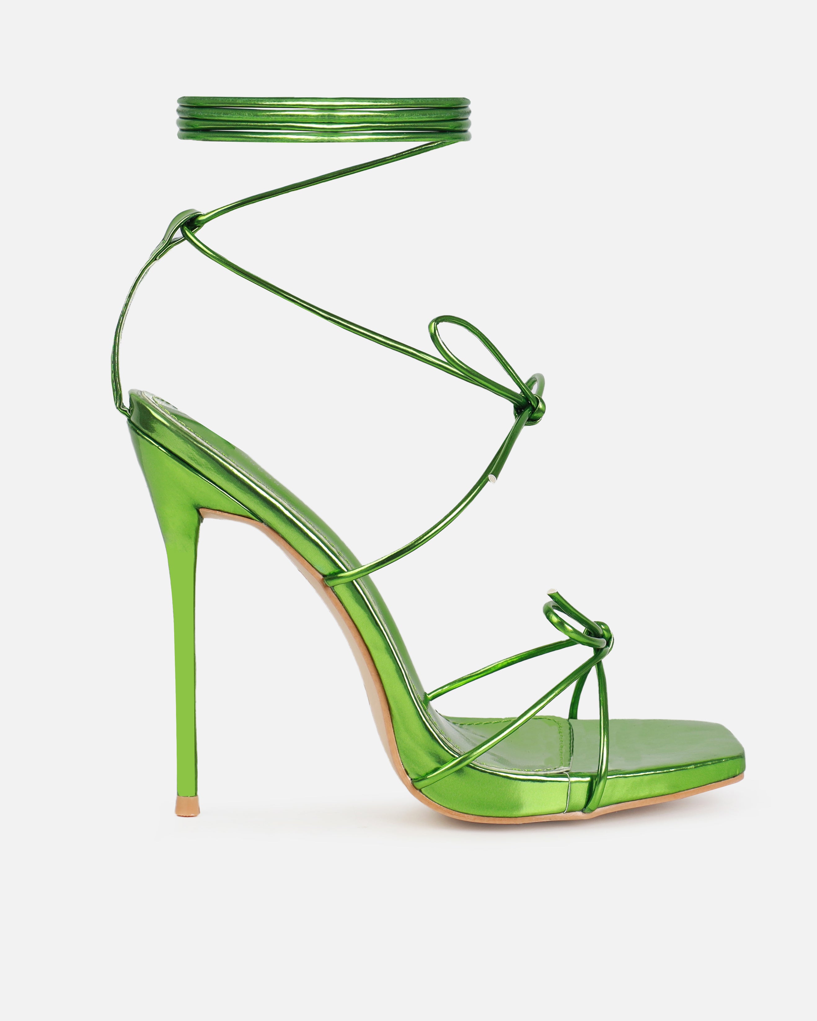 Sunniva Green Metallic Bow Detail Lace Up Heels | SIMMI London