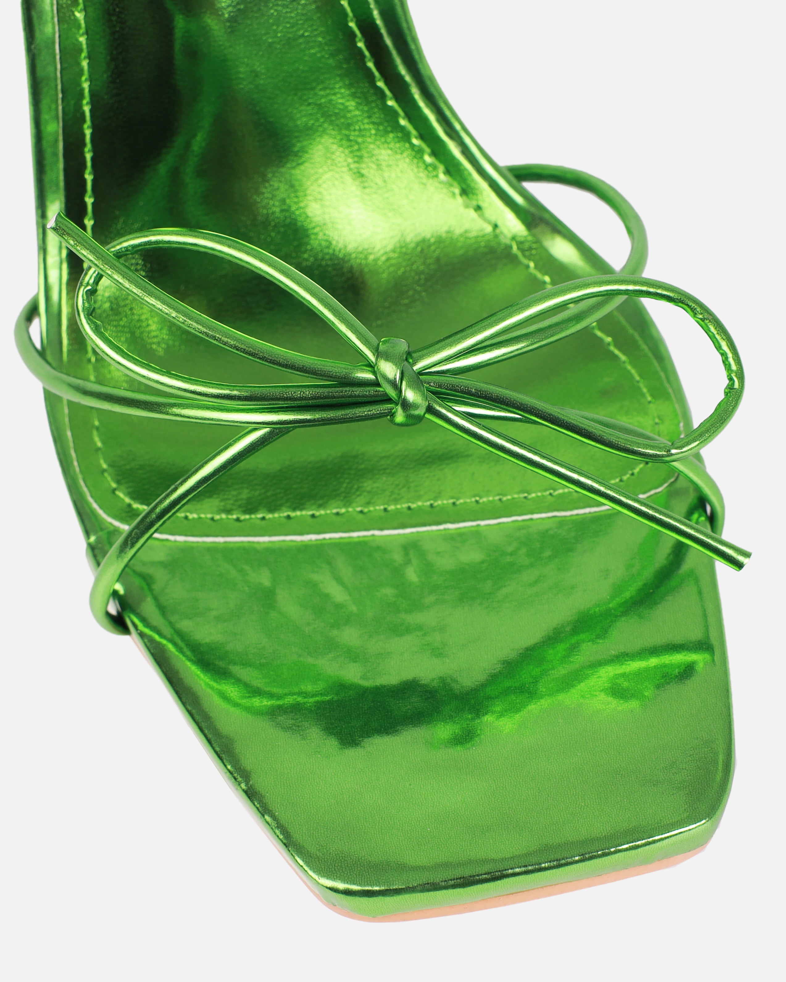 Sunniva Green Metallic Bow Detail Lace Up Heels | SIMMI London
