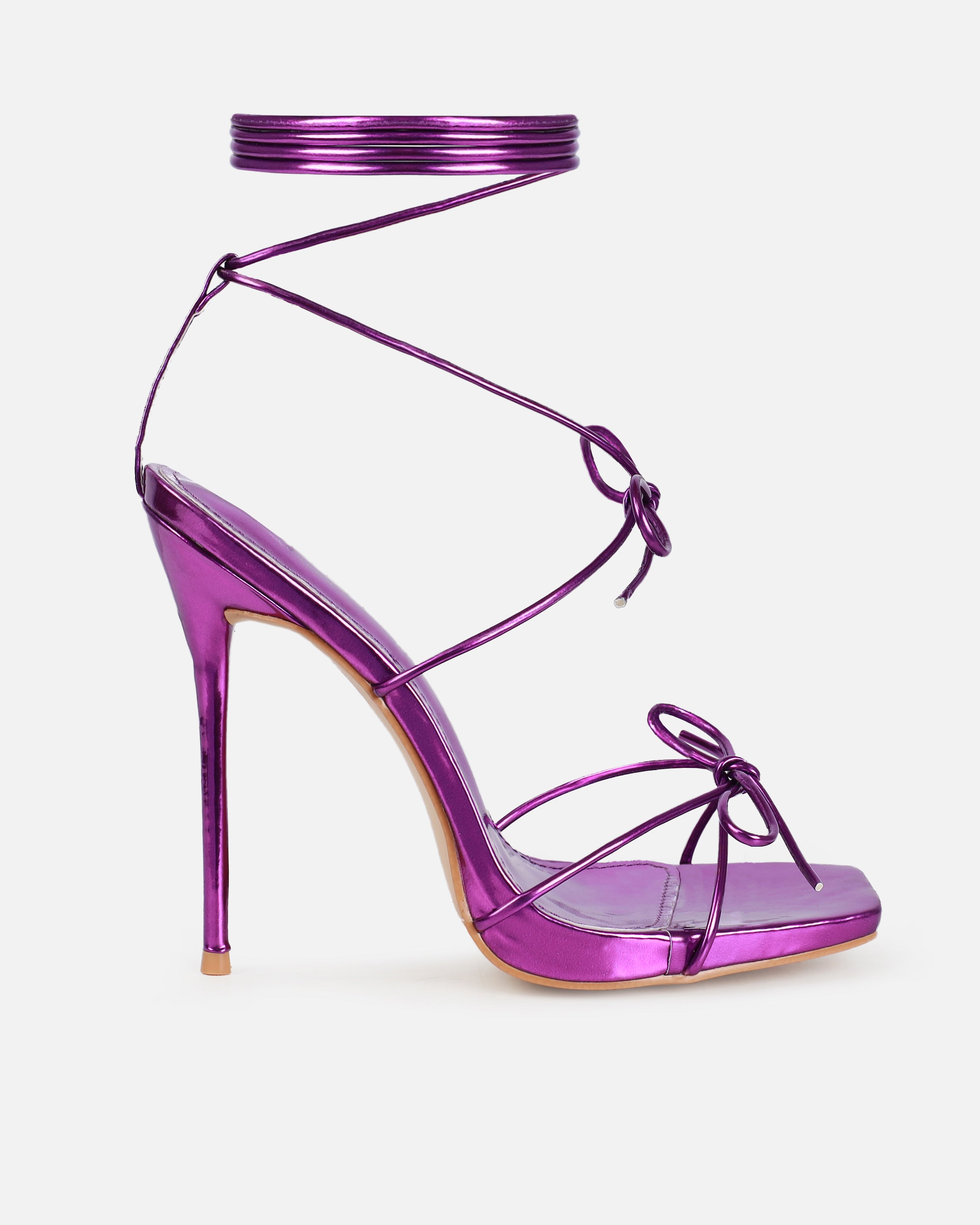 Sunniva Purple Metallic Bow Detail Lace Up Heels | SIMMI London