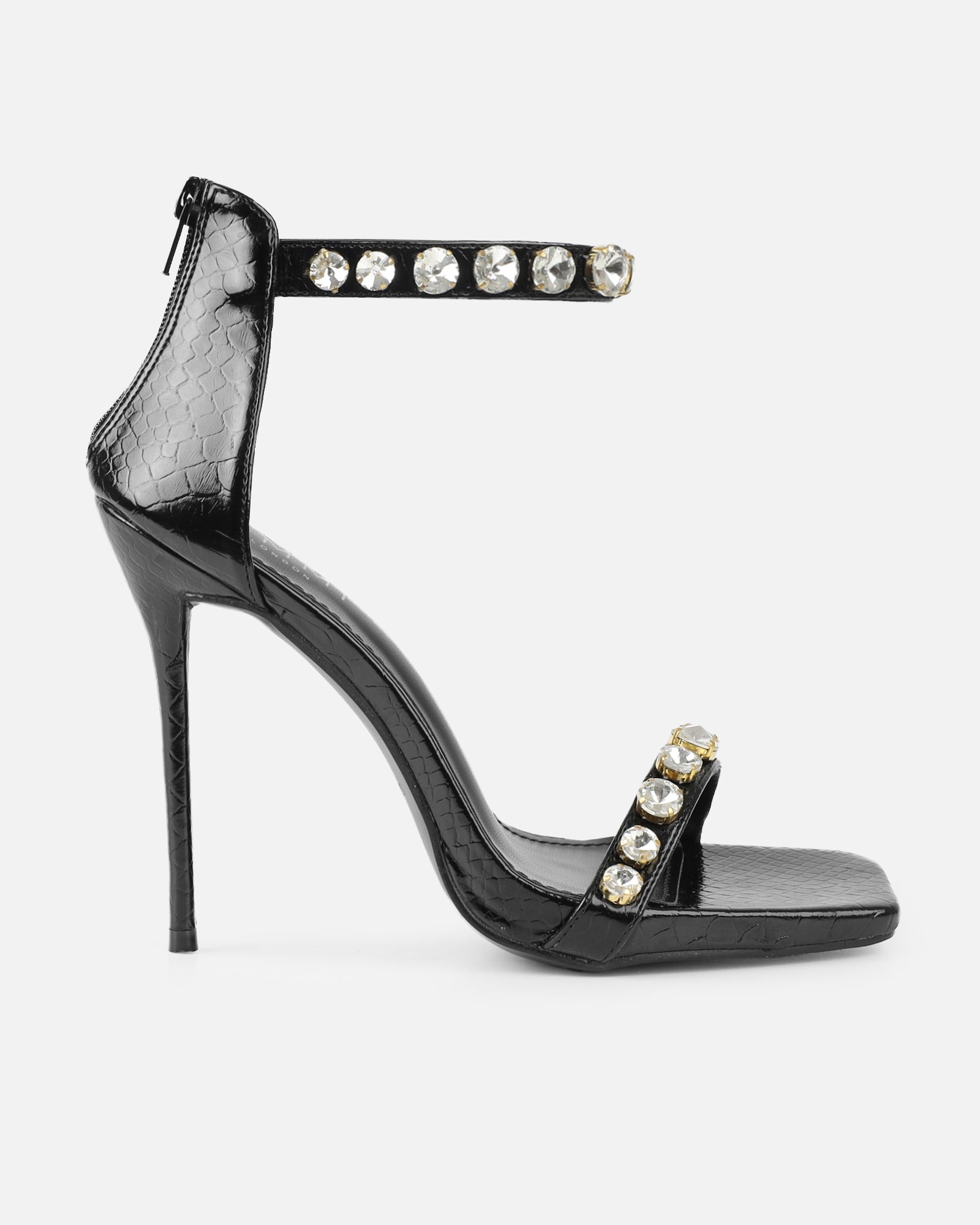 Shivi Black Faux Snake Diamante Heeled Sandals | SIMMI London