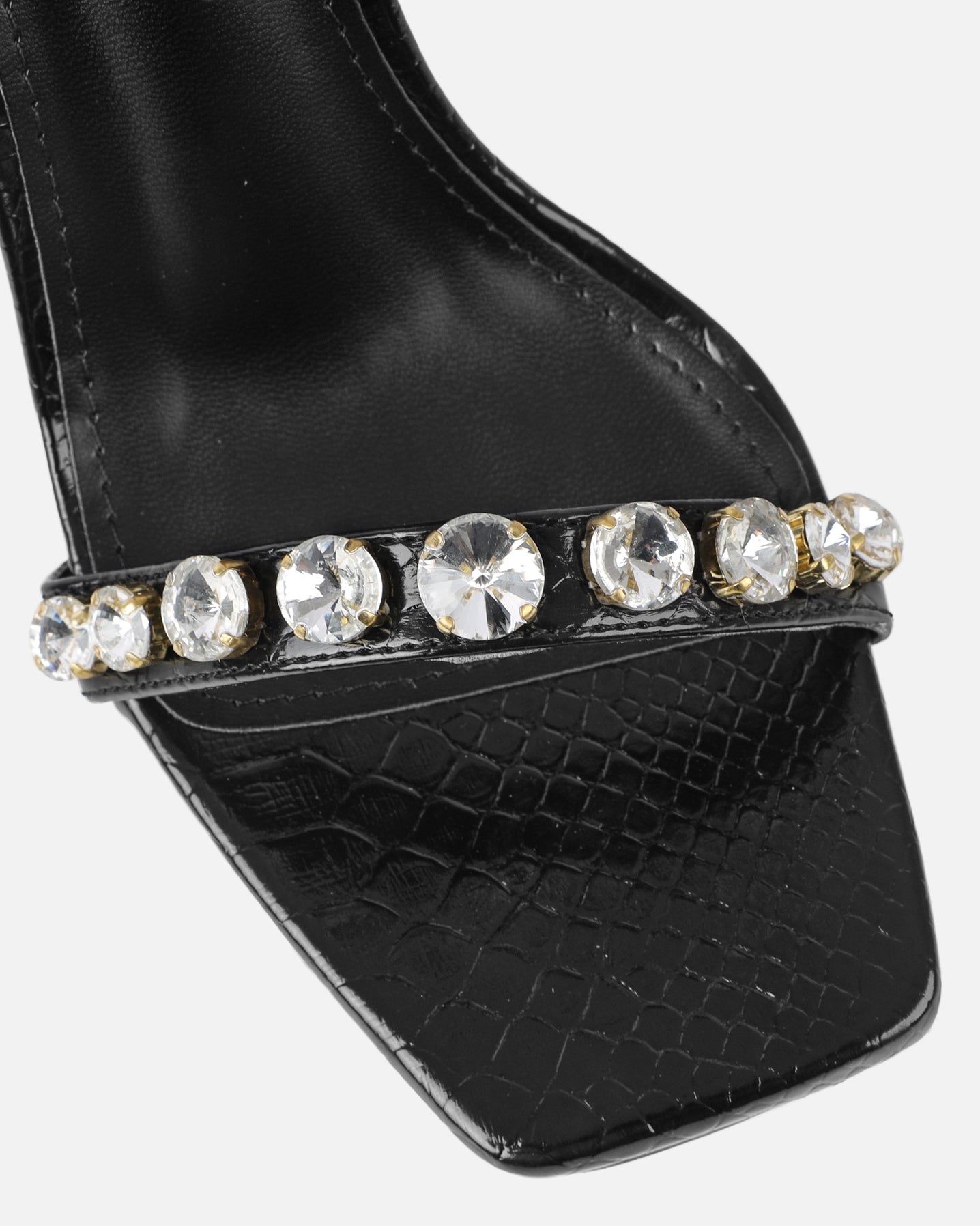 Shivi Black Faux Snake Diamante Heeled Sandals | SIMMI London