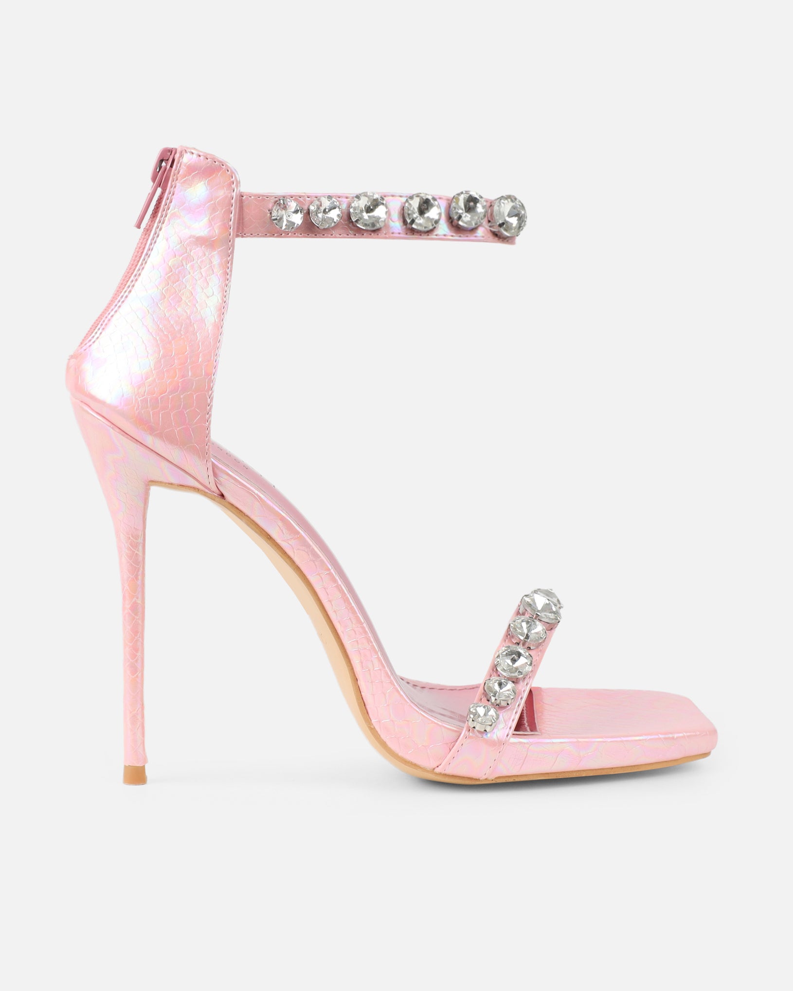 Shivi Pink Faux Snake Diamante Heeled Sandals | SIMMI London