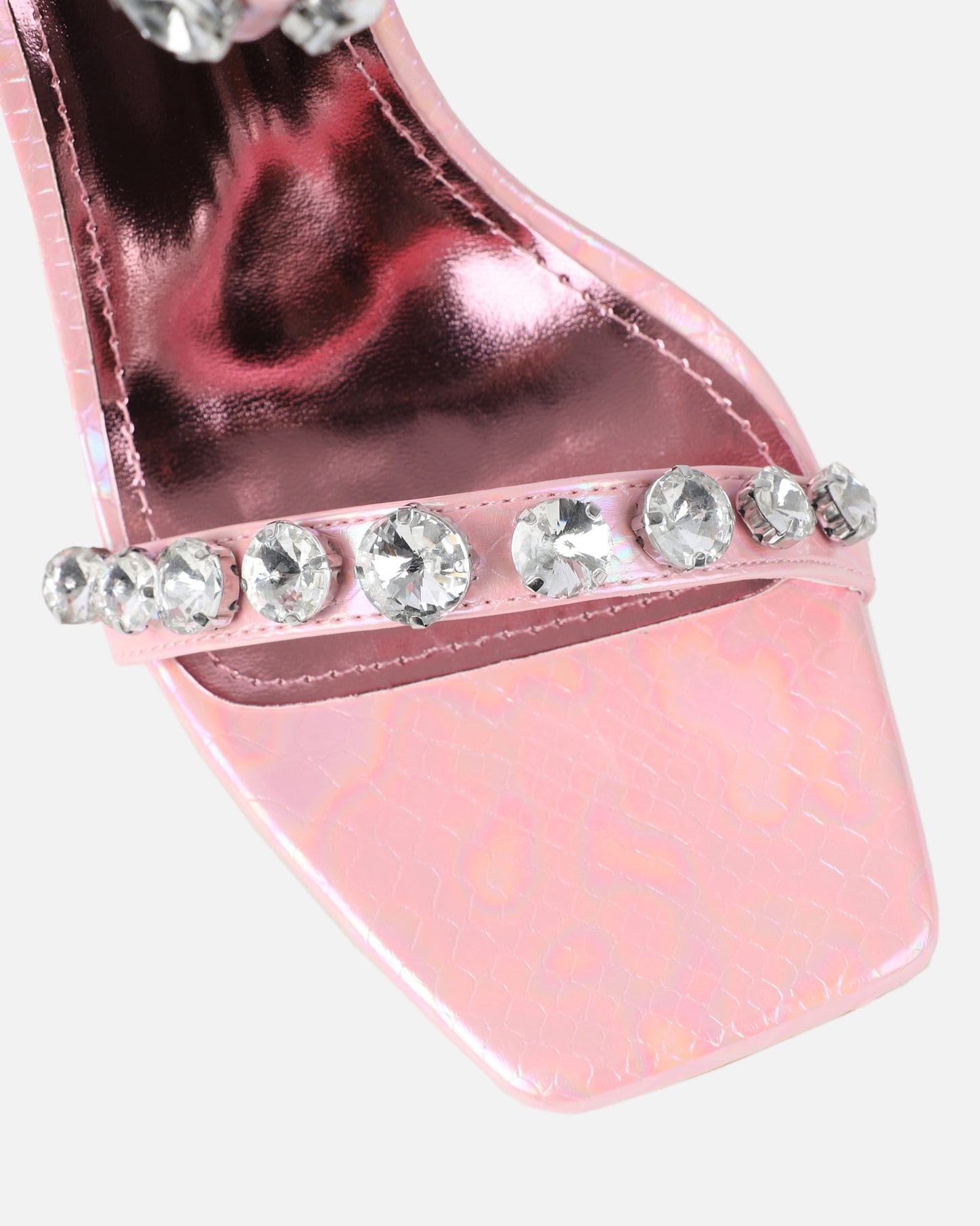 Shivi Pink Faux Snake Diamante Heeled Sandals | SIMMI London