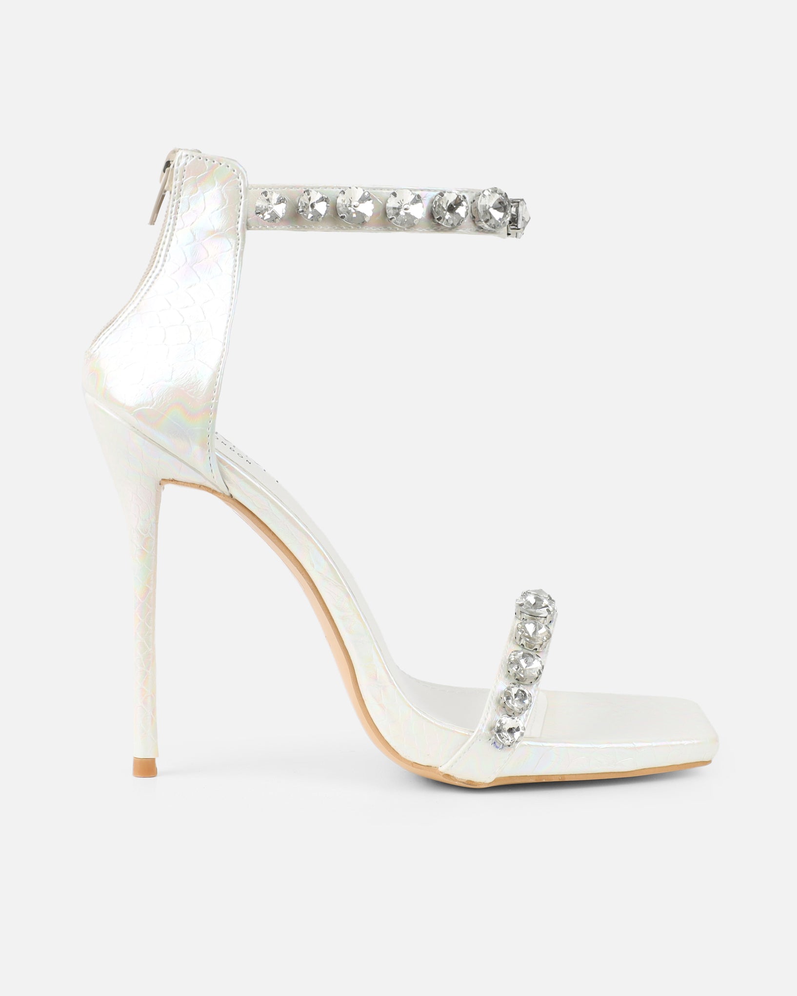 Shivi White Faux Snake Diamante Heeled Sandals | SIMMI London