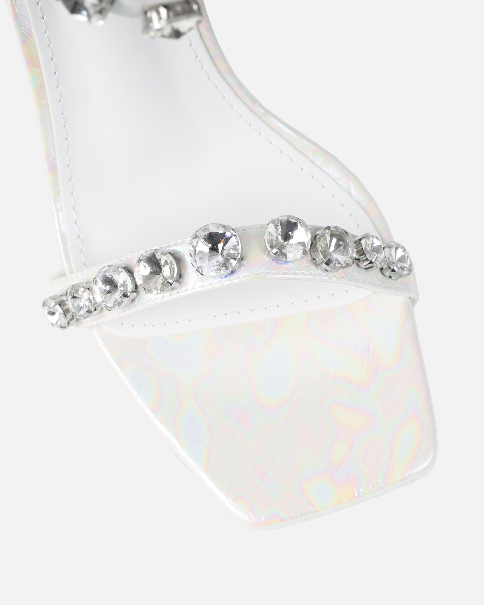 Shivi White Faux Snake Diamante Heeled Sandals | SIMMI London