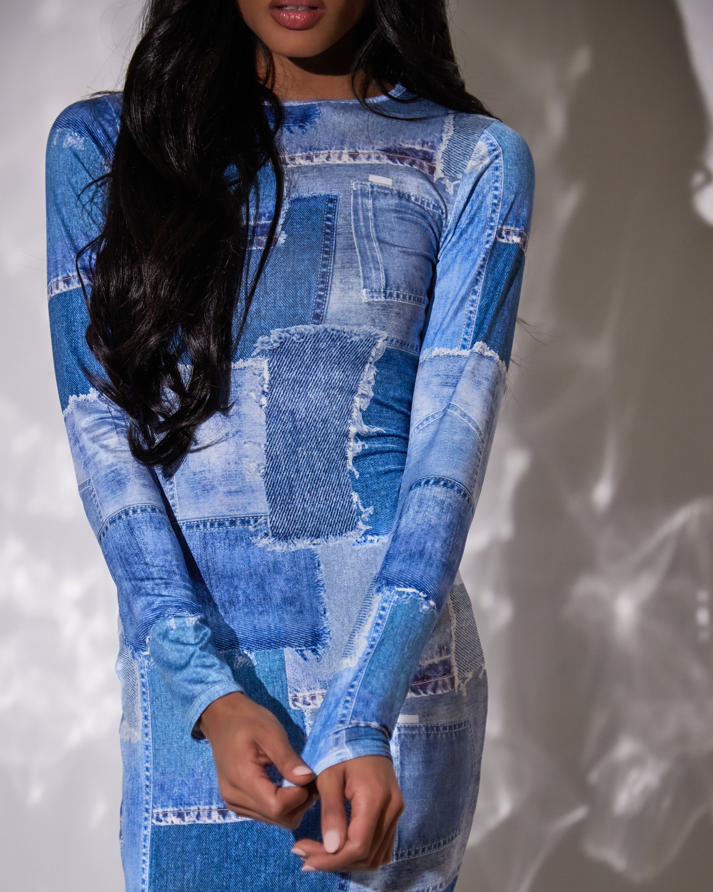 Genes Denim Patchwork Print Midaxi Dress | SIMMI London