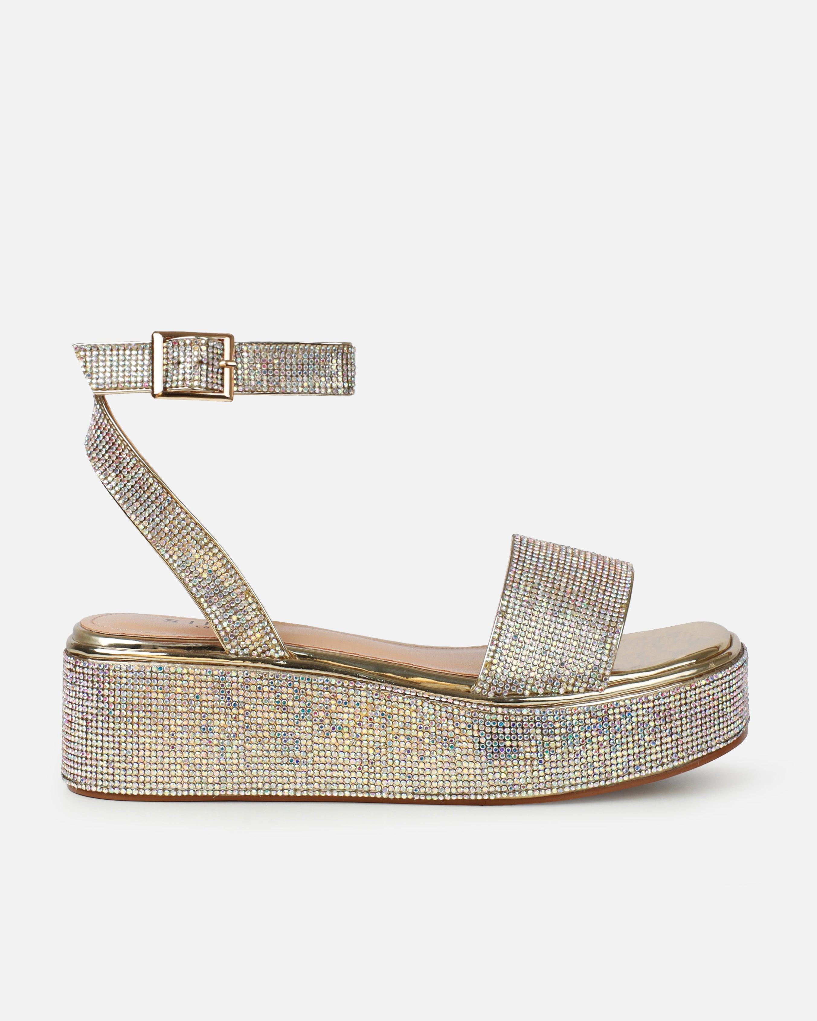 Brittany Gold Mirror Iridescent Diamante Flatform Sandals | SIMMI London