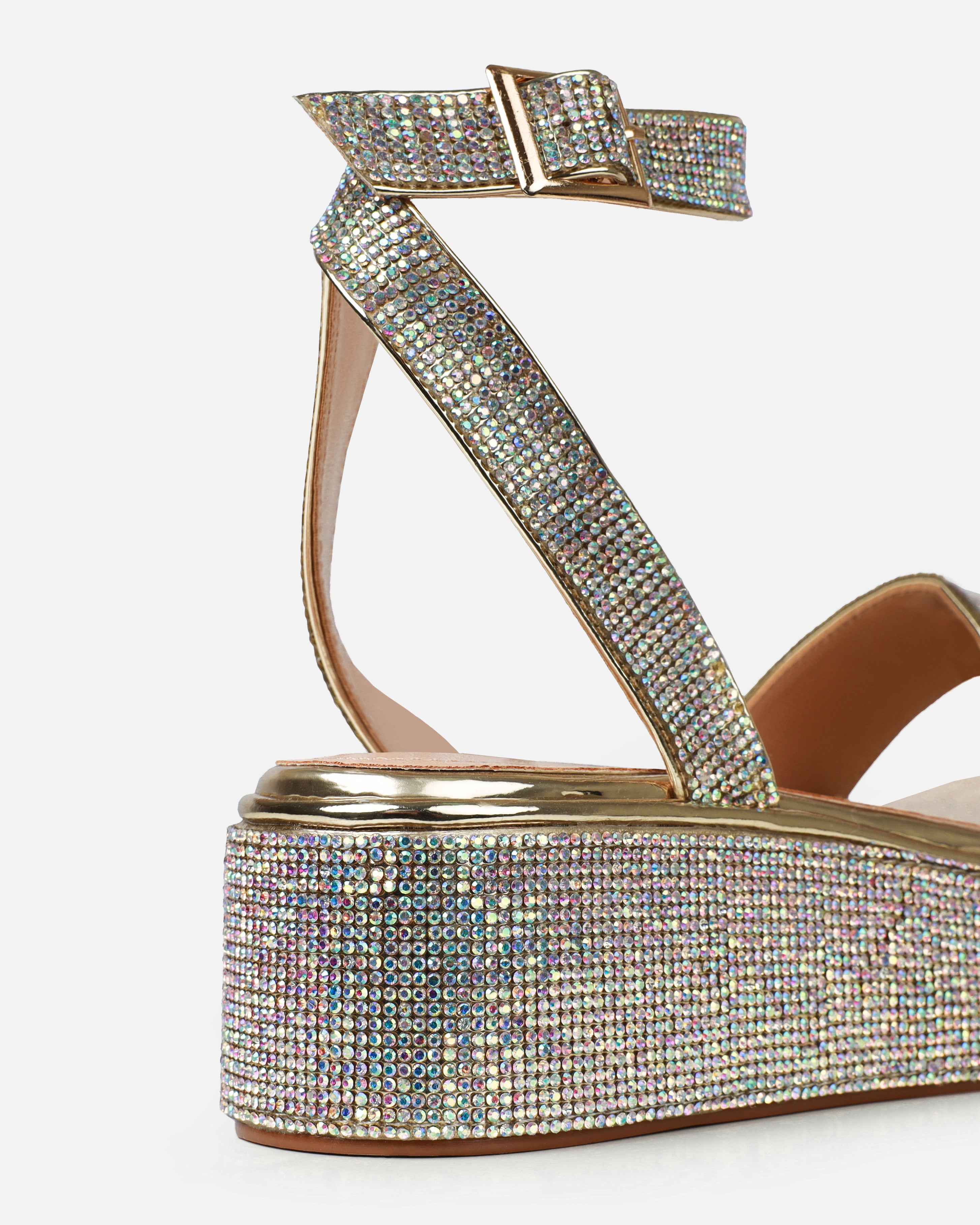 Brittany Gold Mirror Iridescent Diamante Flatform Sandals | SIMMI London