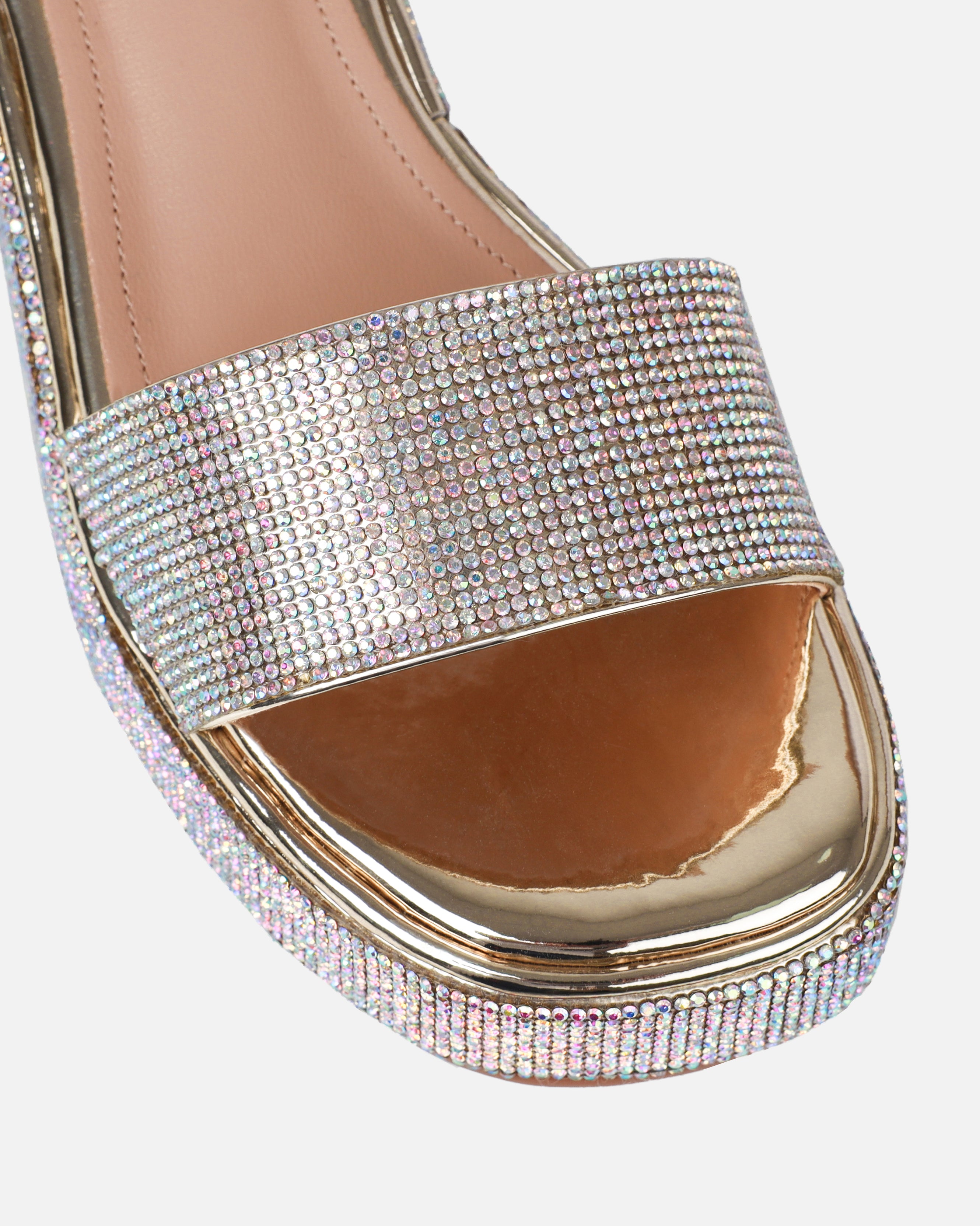 Brittany Gold Mirror Iridescent Diamante Flatform Sandals | SIMMI London