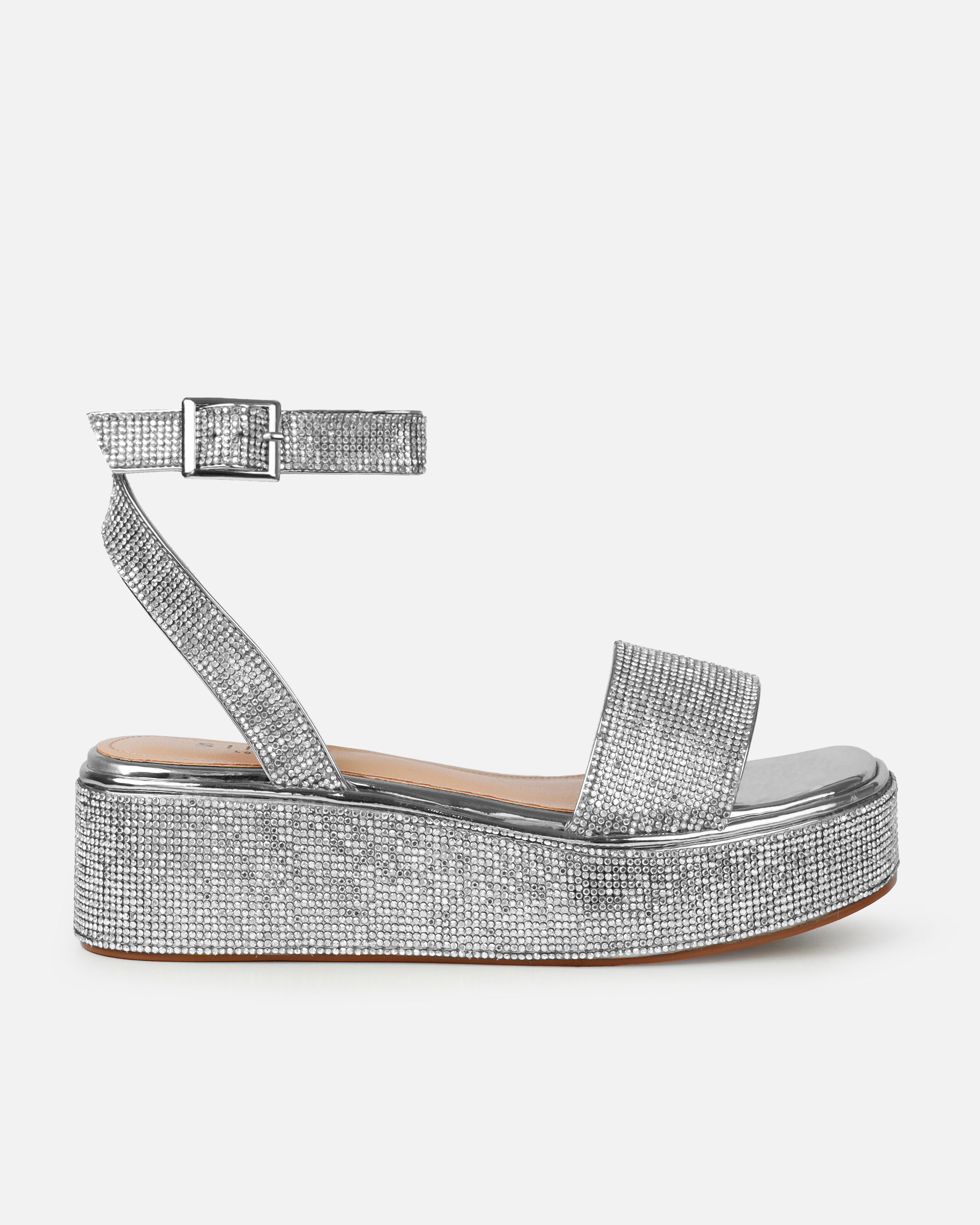 Brittany Silver Mirror Diamante Flatform Sandals | SIMMI London