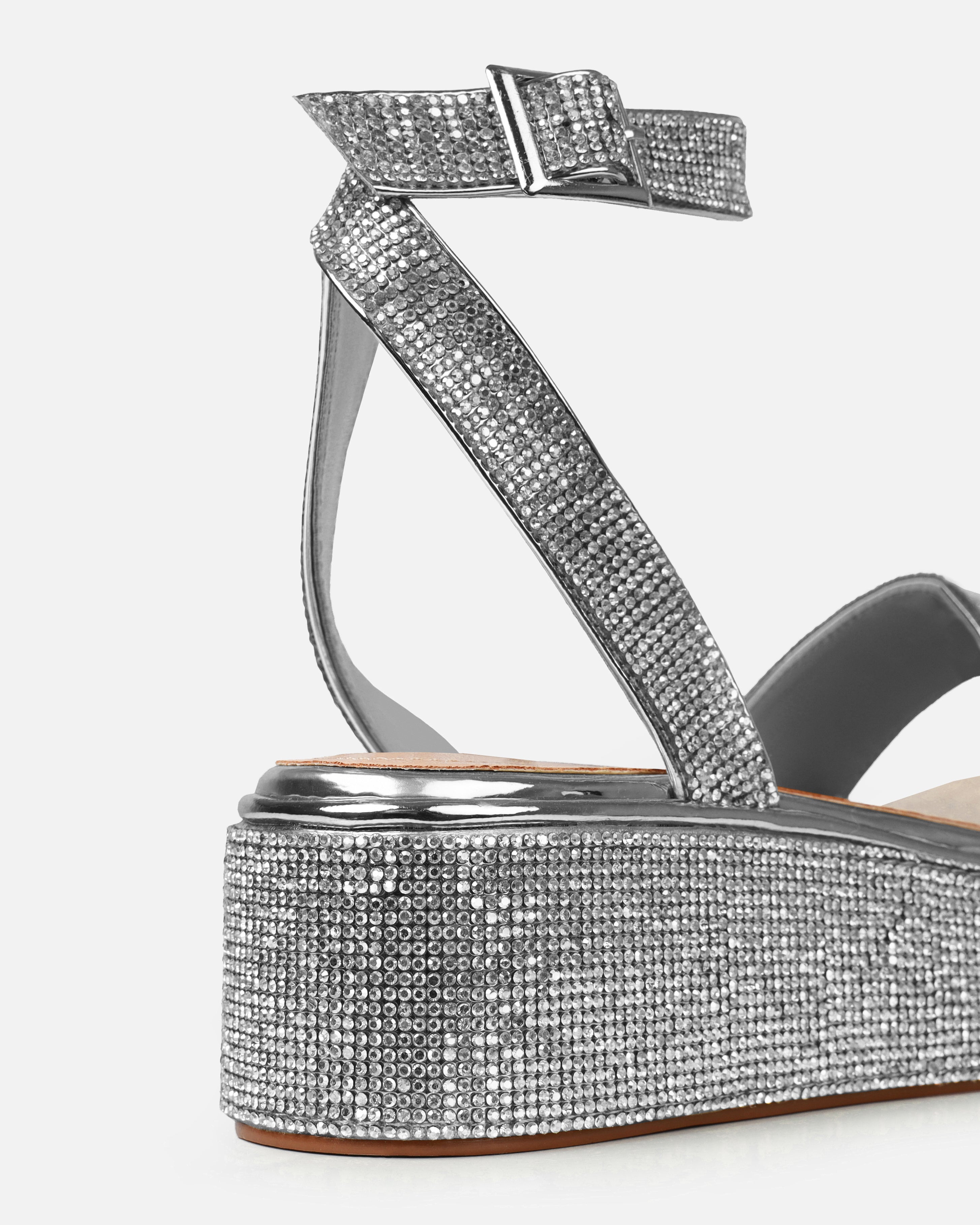 Brittany Silver Mirror Diamante Flatform Sandals | SIMMI London