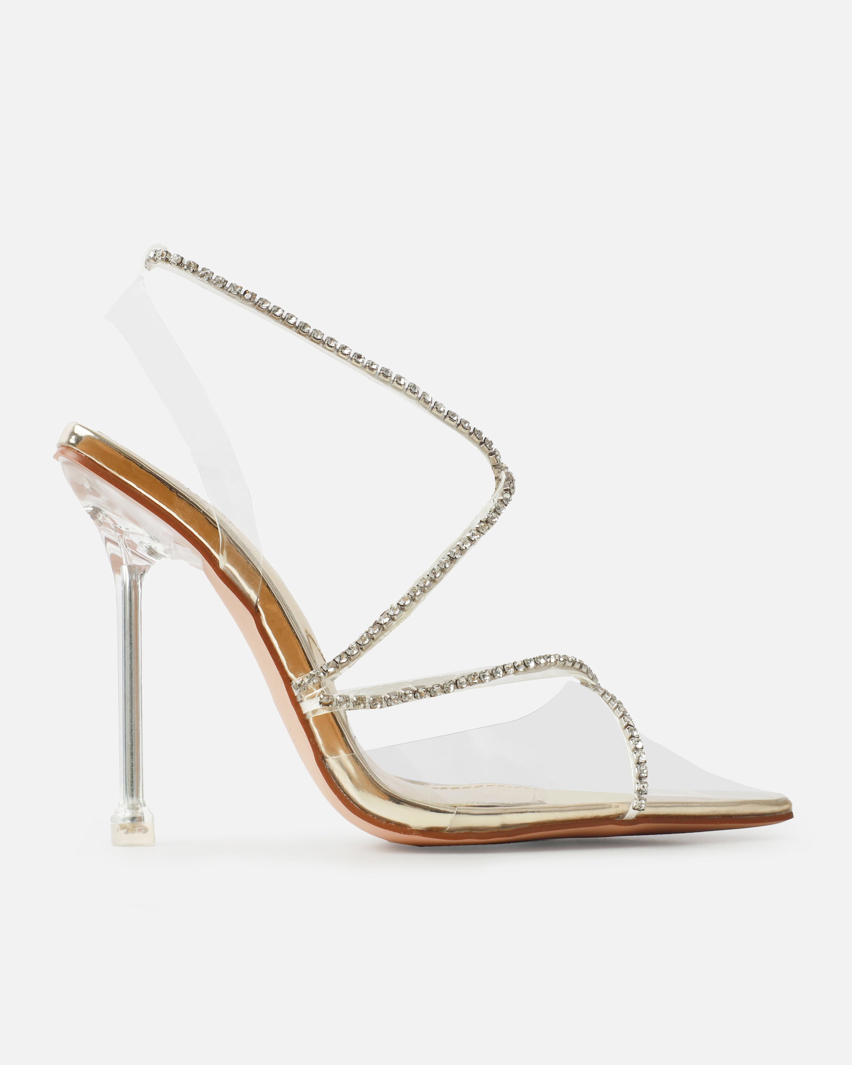 Solstice gold diamante clear Stiletto Mules | SIMMI London