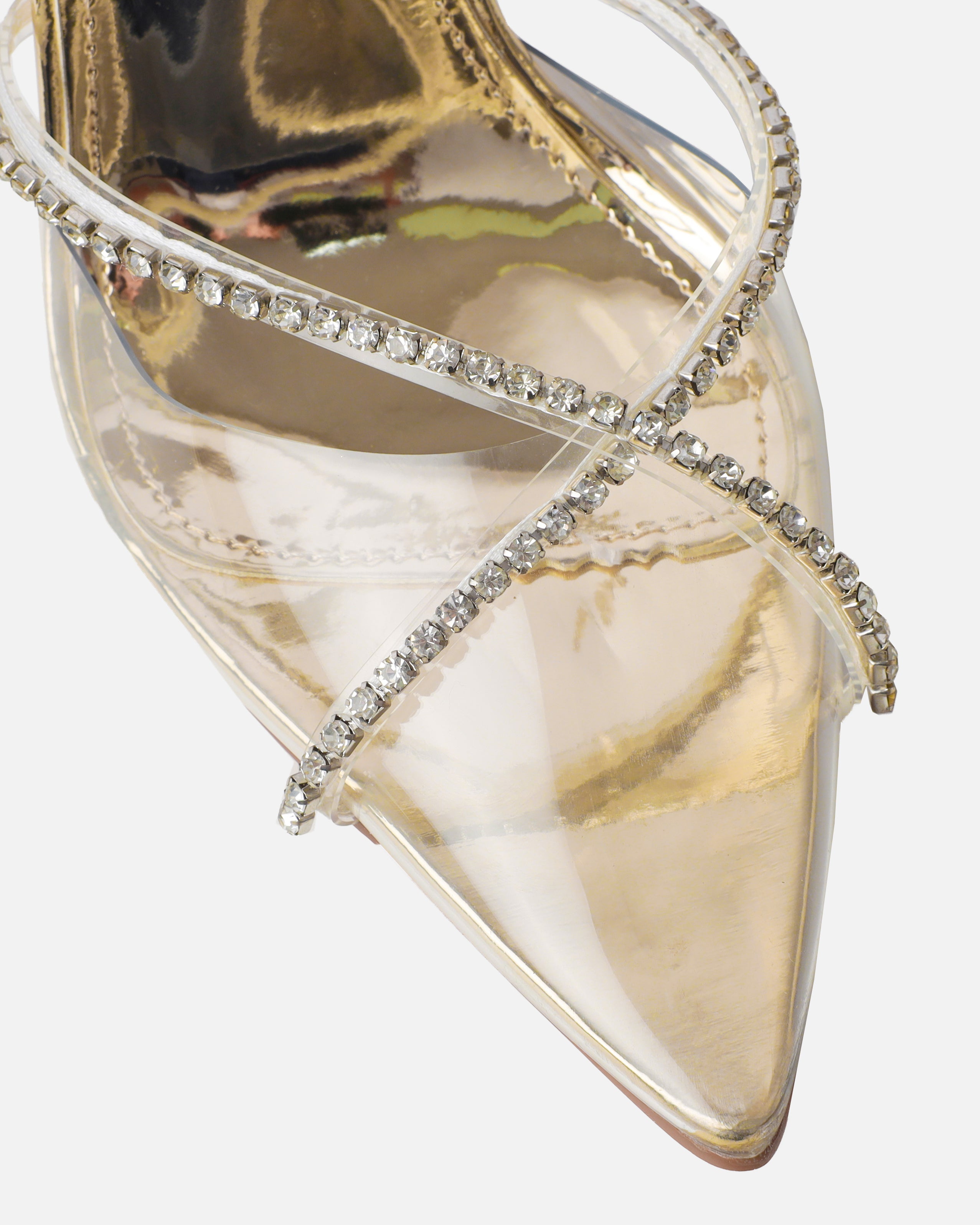 Solstice gold diamante clear Stiletto Mules | SIMMI London