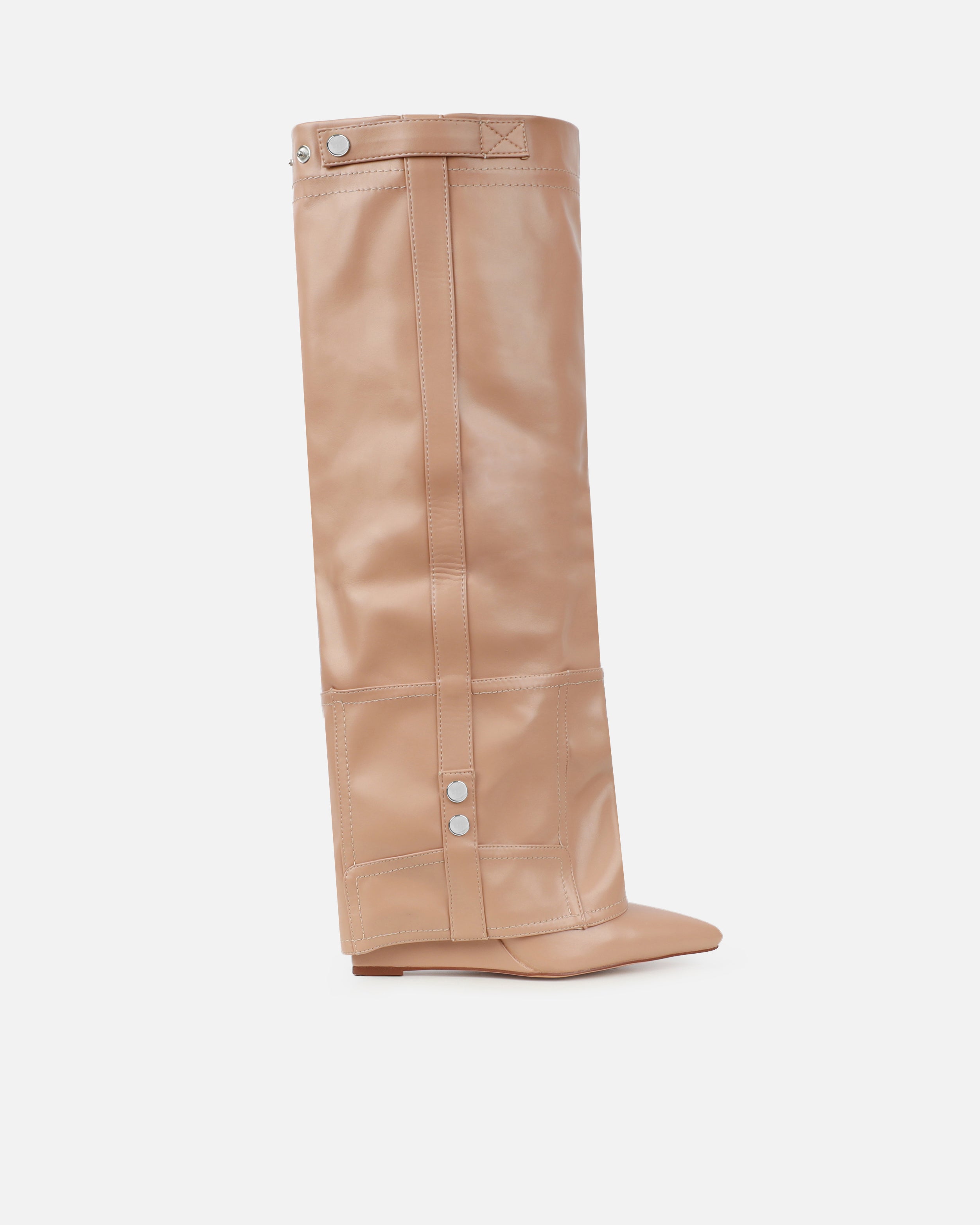 Sonny beige fold over wedge knee boots | SIMMI London