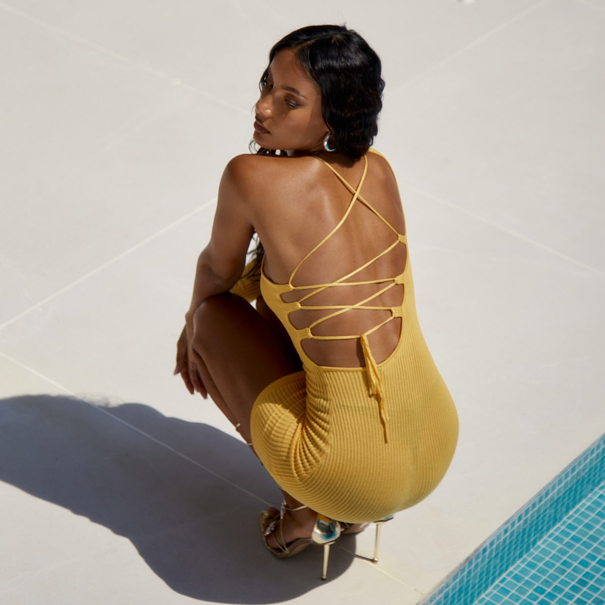 Sorbet Mango Rib Knit Lace Up Back Mini Dress | SIMMI London