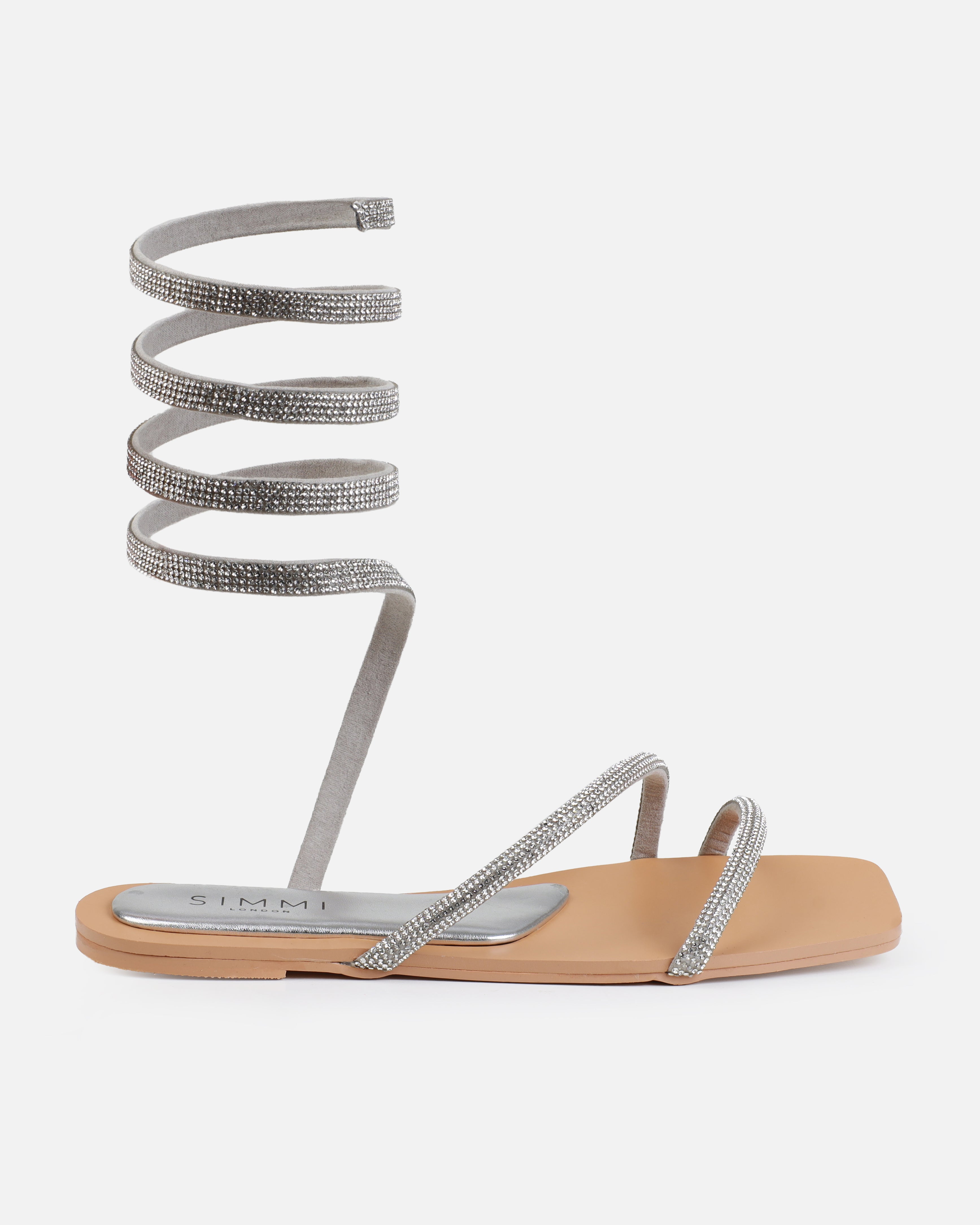 Nashwa Silver Diamante Spiral Flat Sandals | SIMMI London