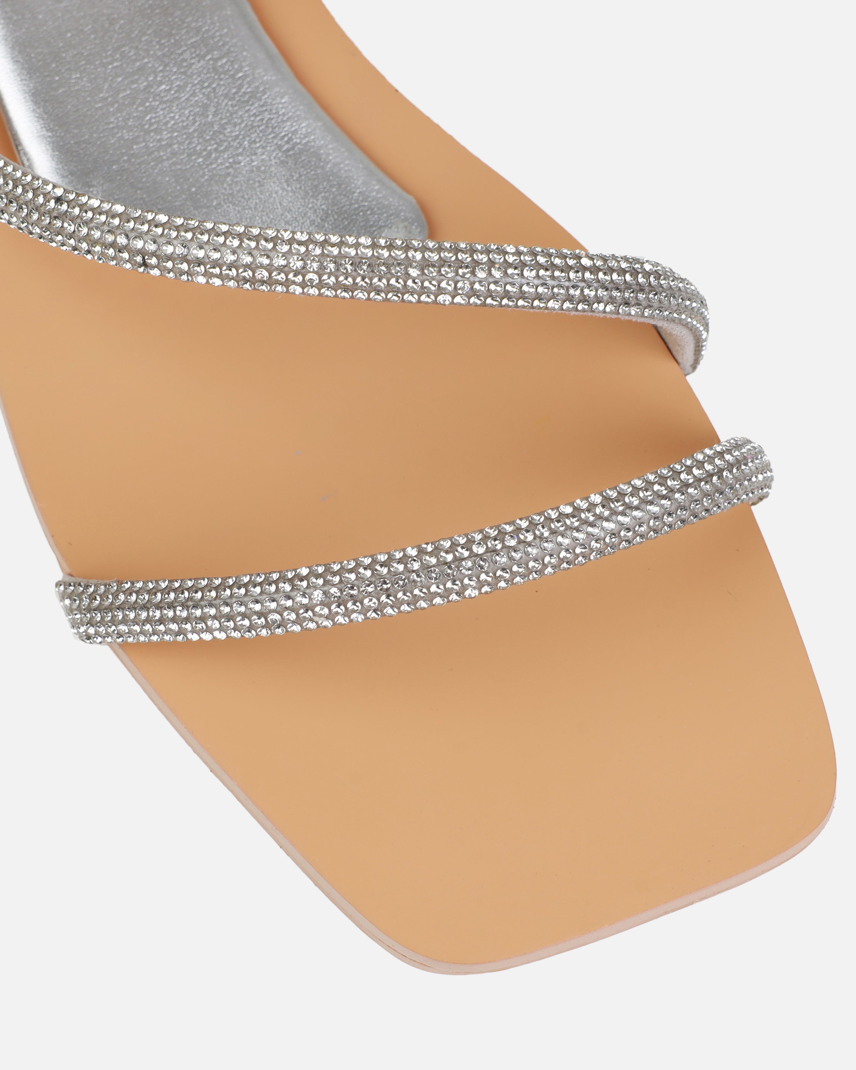 Nashwa Silver Diamante Spiral Flat Sandals | SIMMI London